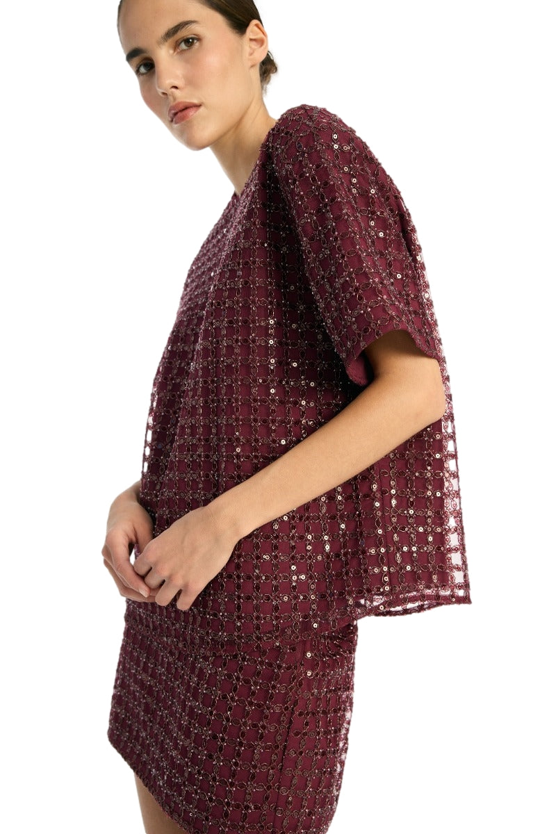 ROTATE Beaded Oversized Top Topp Vinrød - modostore.no