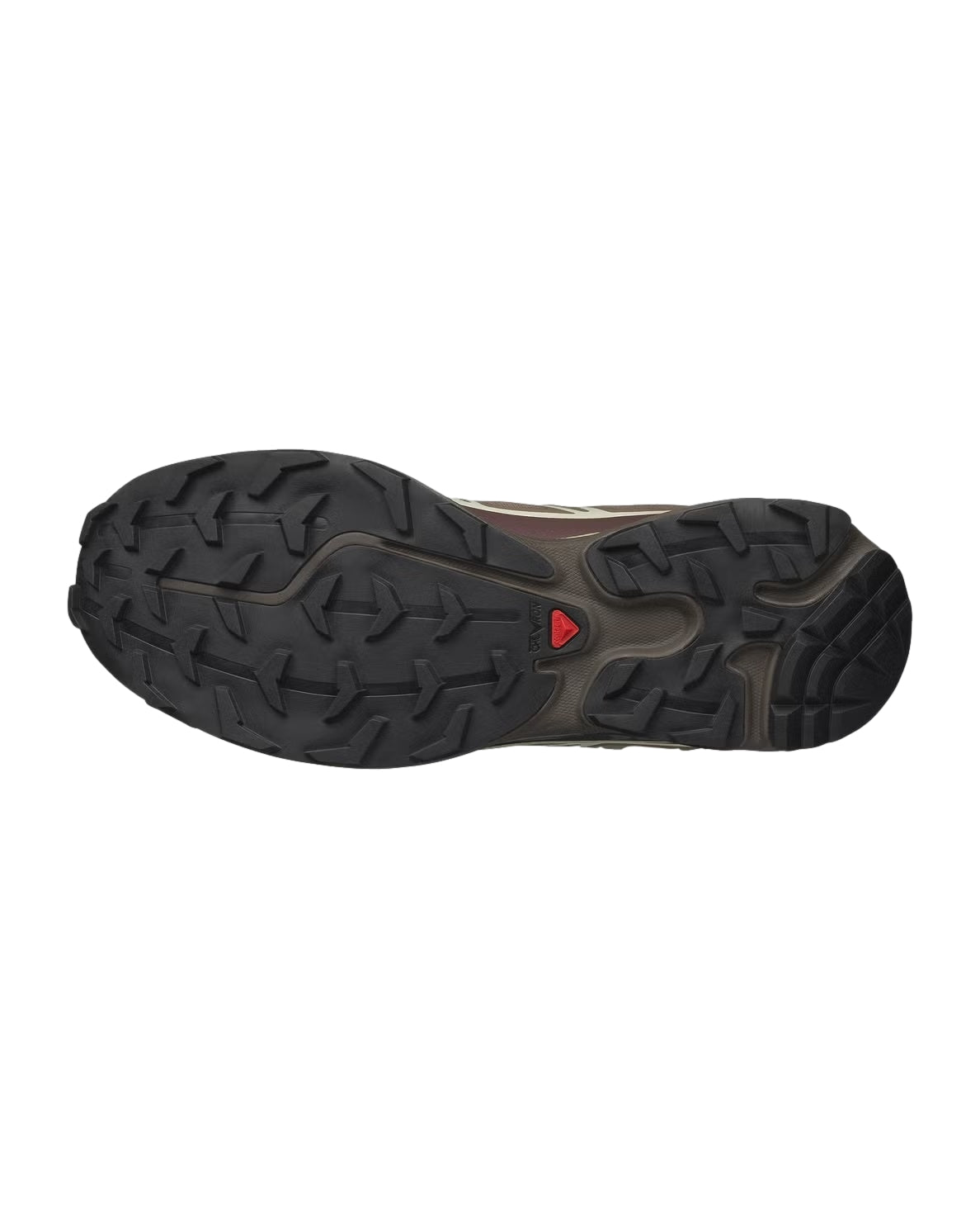 Salomon XT-6 løpesko i lysebrunt med walnut, huckleberry og urban chic design, vist fra siden.