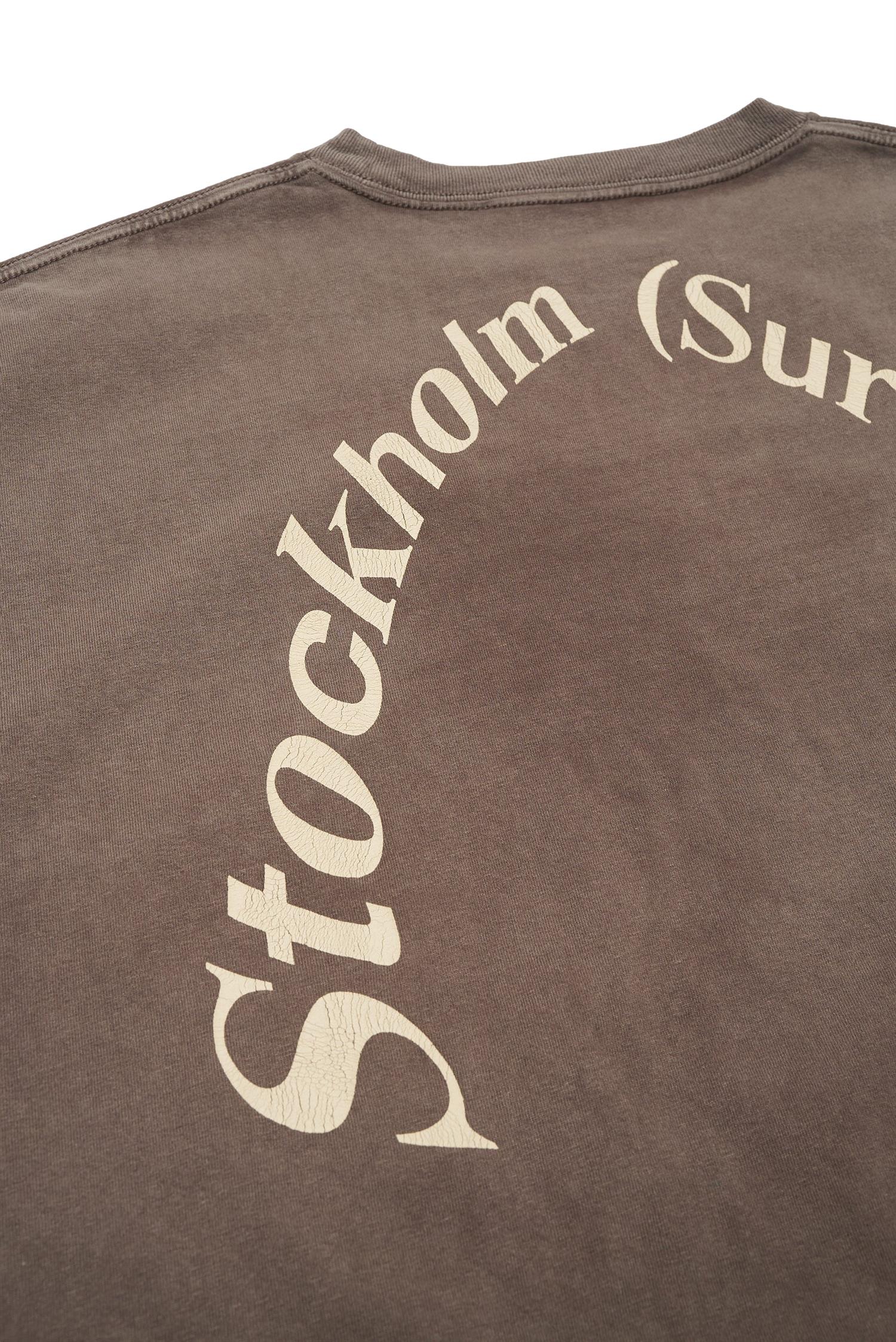 Brun Stockholm Surfboard Club Box Tee med stor logo på ryggen, komfortabel T-skjorte i hickory farge, casual surfstil.