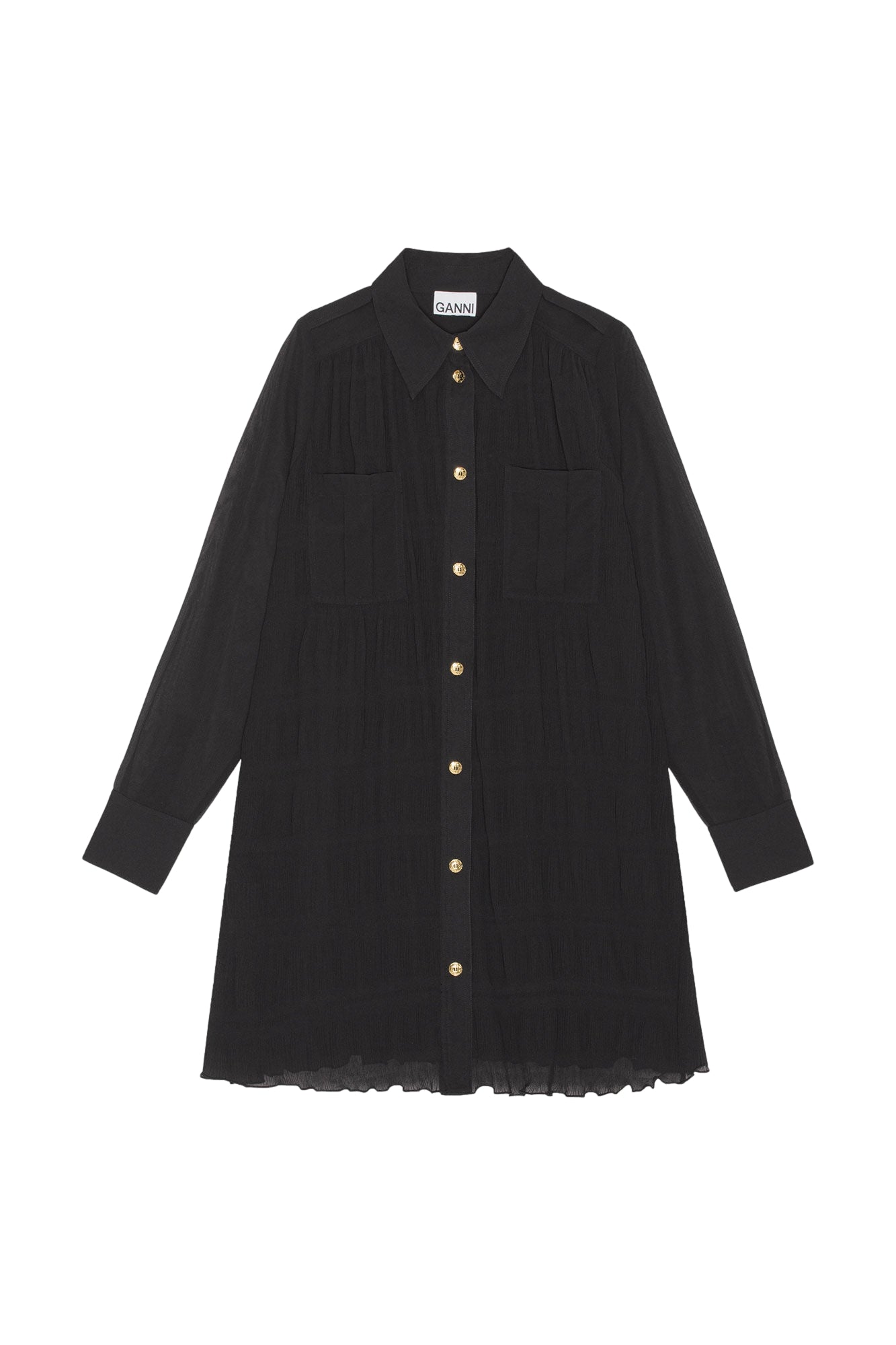 Ganni Pleated Georgette Shirt Dress Kjole Sort - [modostore.no]