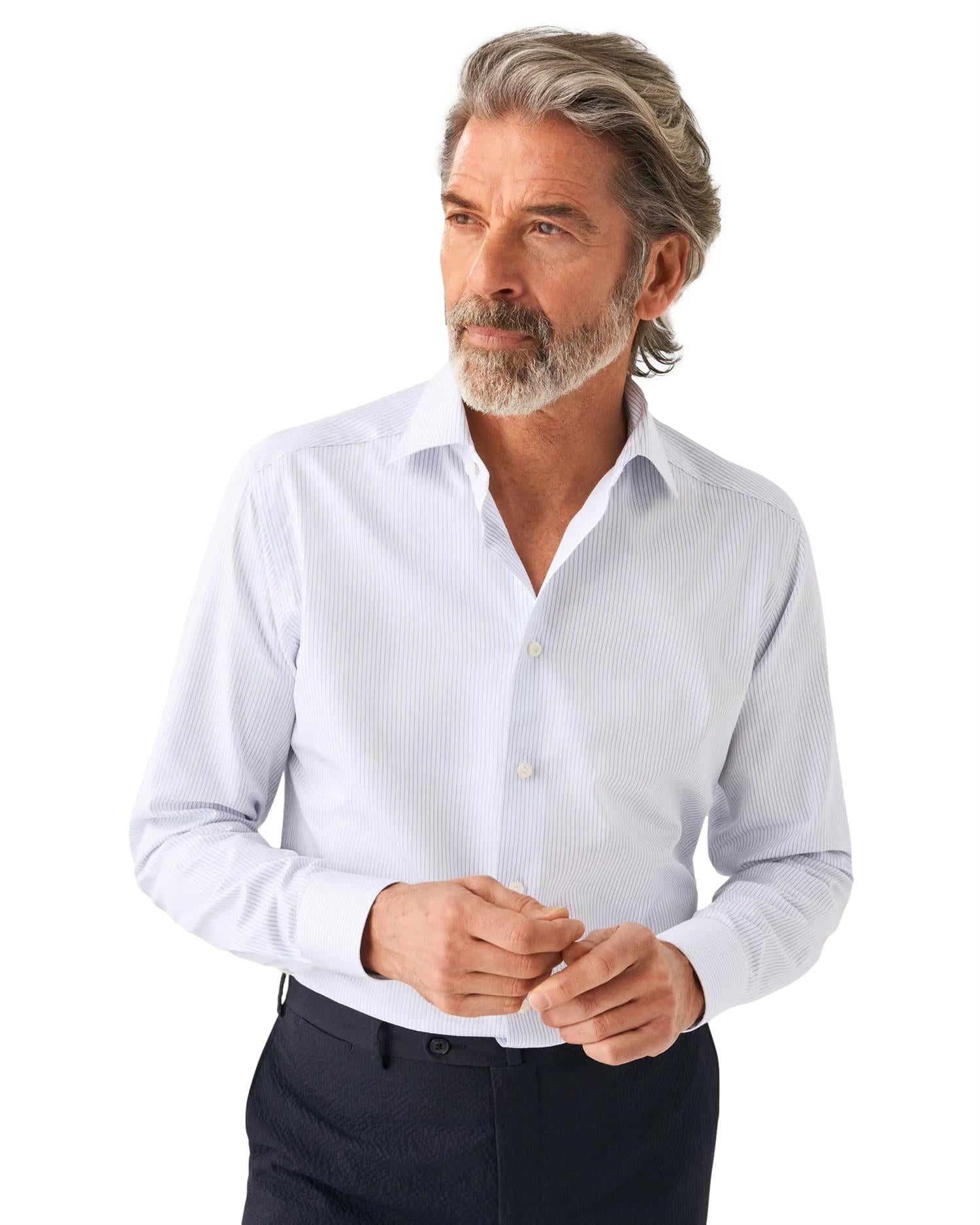 Eton Light Blue Fine Striped Cotton-Tencel Shirt Skjorte Lyseblå Striper - [modostore.no]