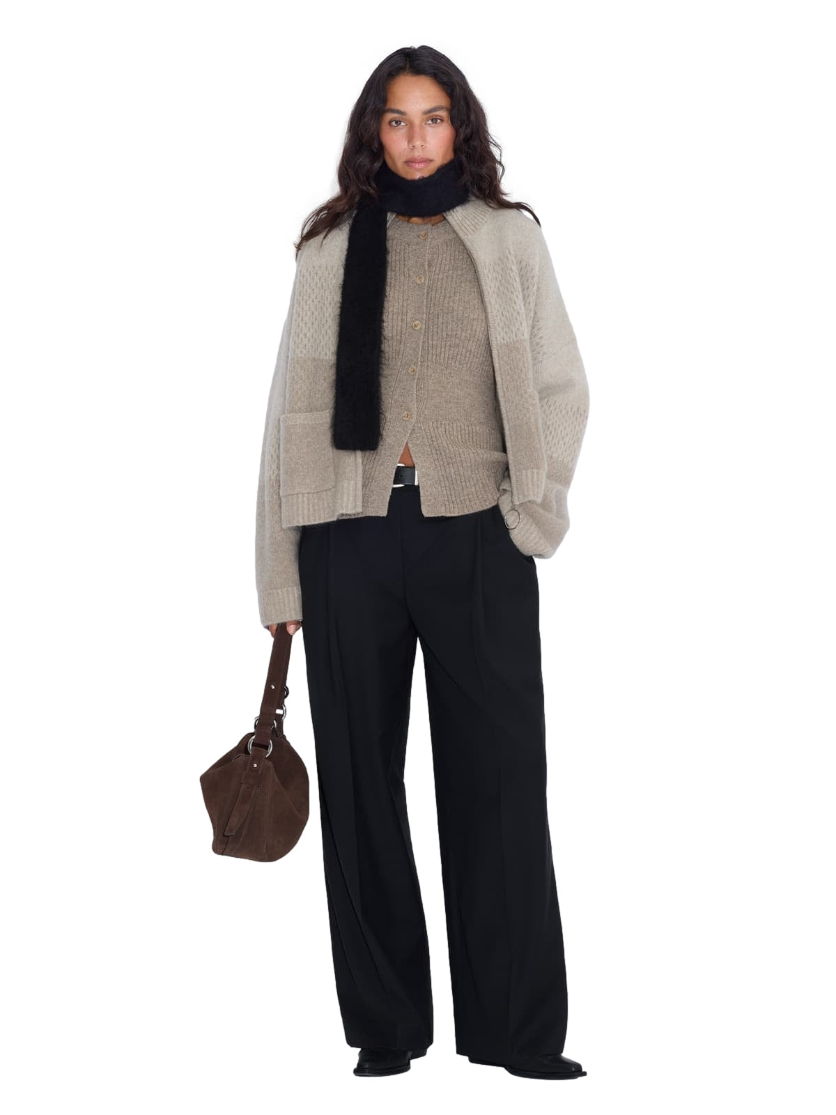 Holzweiler Tine Cardigan i taupe- og beige-miks, myk og varm ullgenser med knappestolpe og ribbkant.