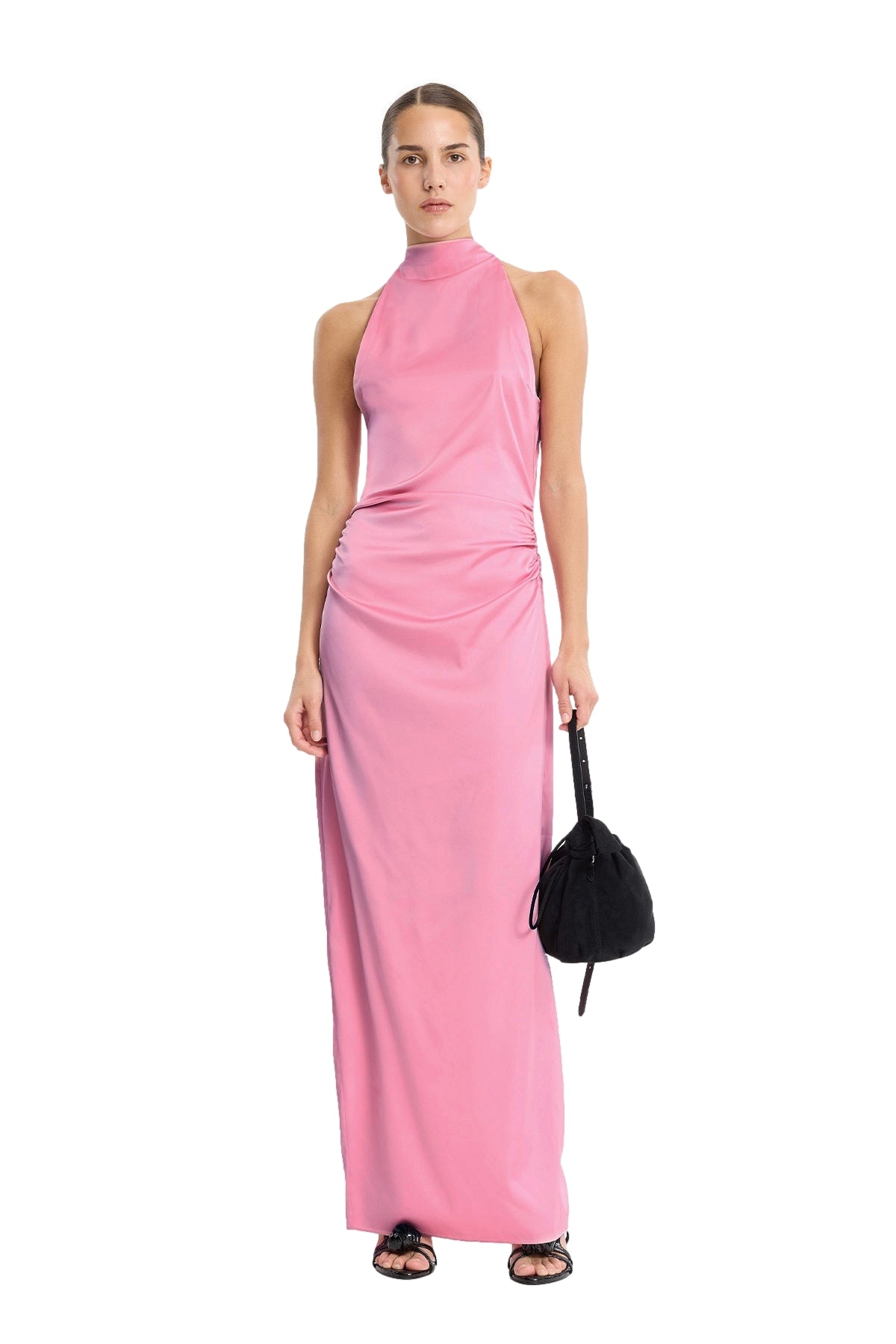 ROTATE Halterneck Ruched Maxi Kjole Rosa