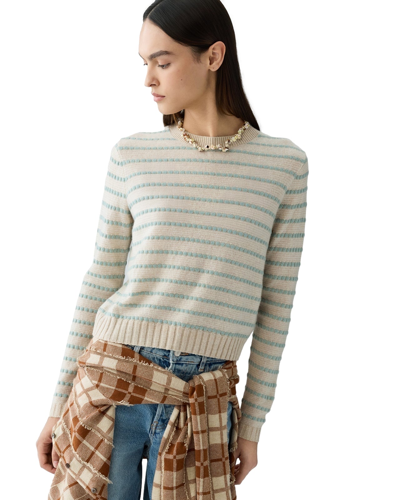 Guest In Residence Pebble Stripe Shrunken Crew Genser Beige Mønster