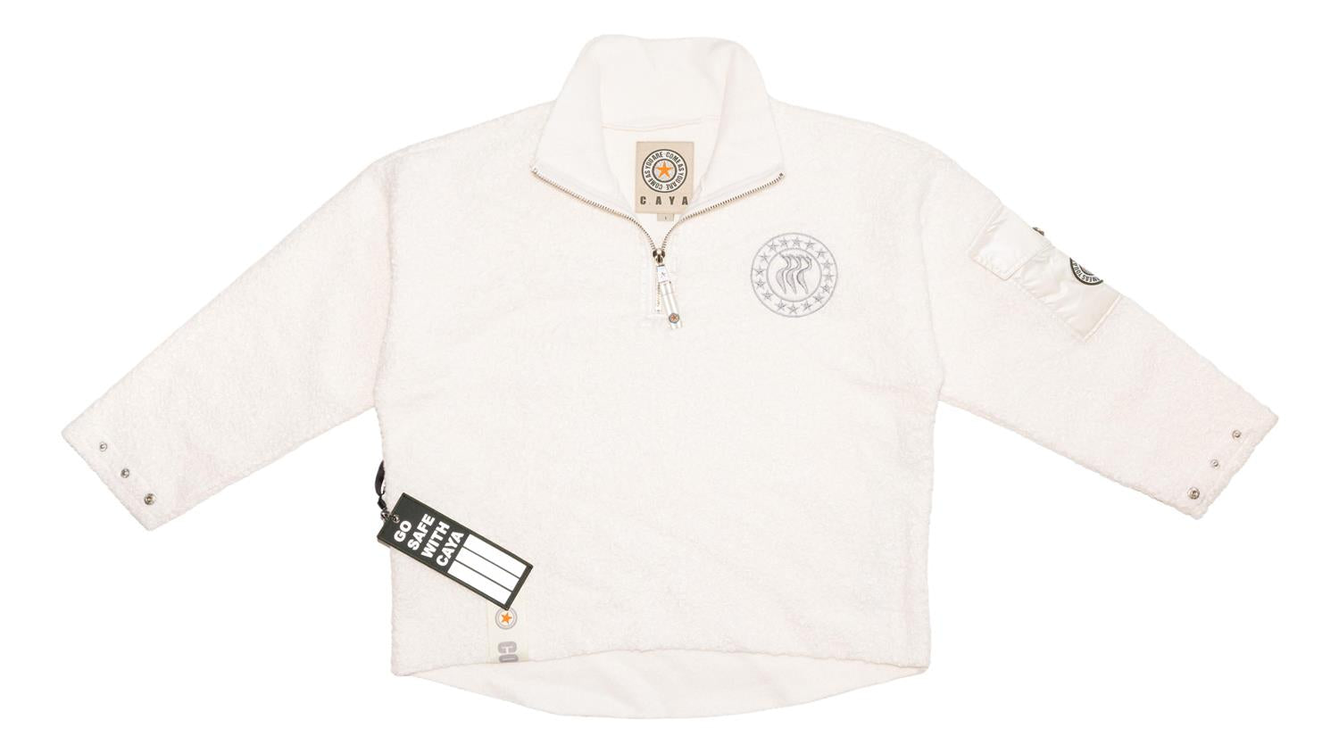 CAYA Nini Half Zip hvit genser foran, myk bomullsbluse med halvlengdes glidelås, langermet, komfortabelt og stilfullt.