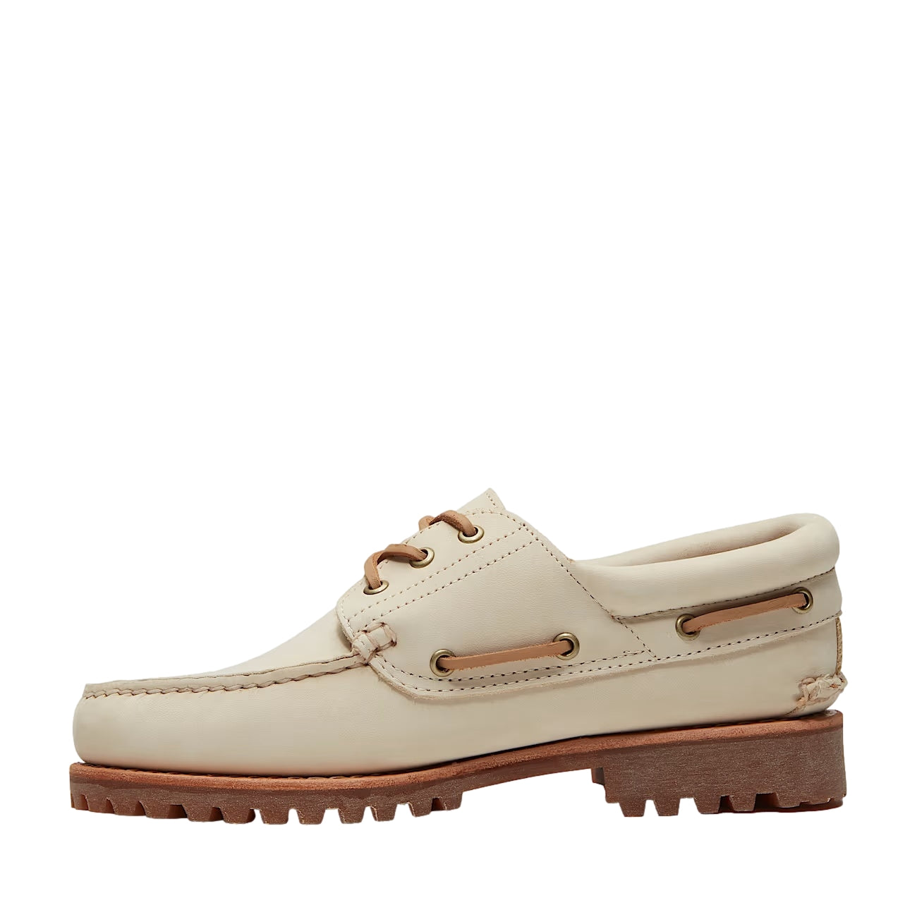Beige Timberland Authentic Lake House 3-Eye Lug båtsko med lærreimer og gummisåle, vist på flat overflate