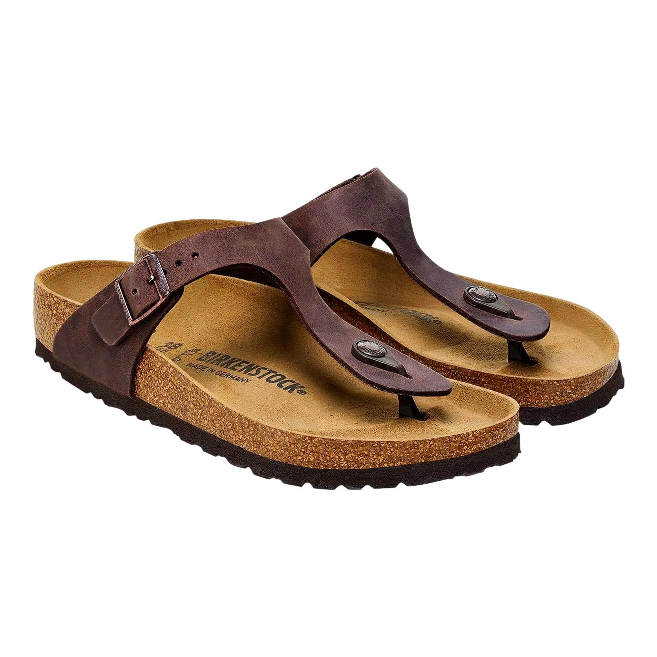 Birkenstock Gizeh BS smale sandaler i mørkebrun Habana lær, med justerbar stropp og komfortabel fotsåle.