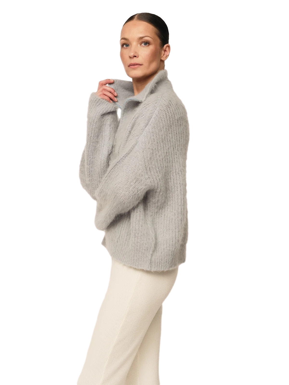 Once Untold Florie Brushed zip knit Genser Lyseblå - modostore.no