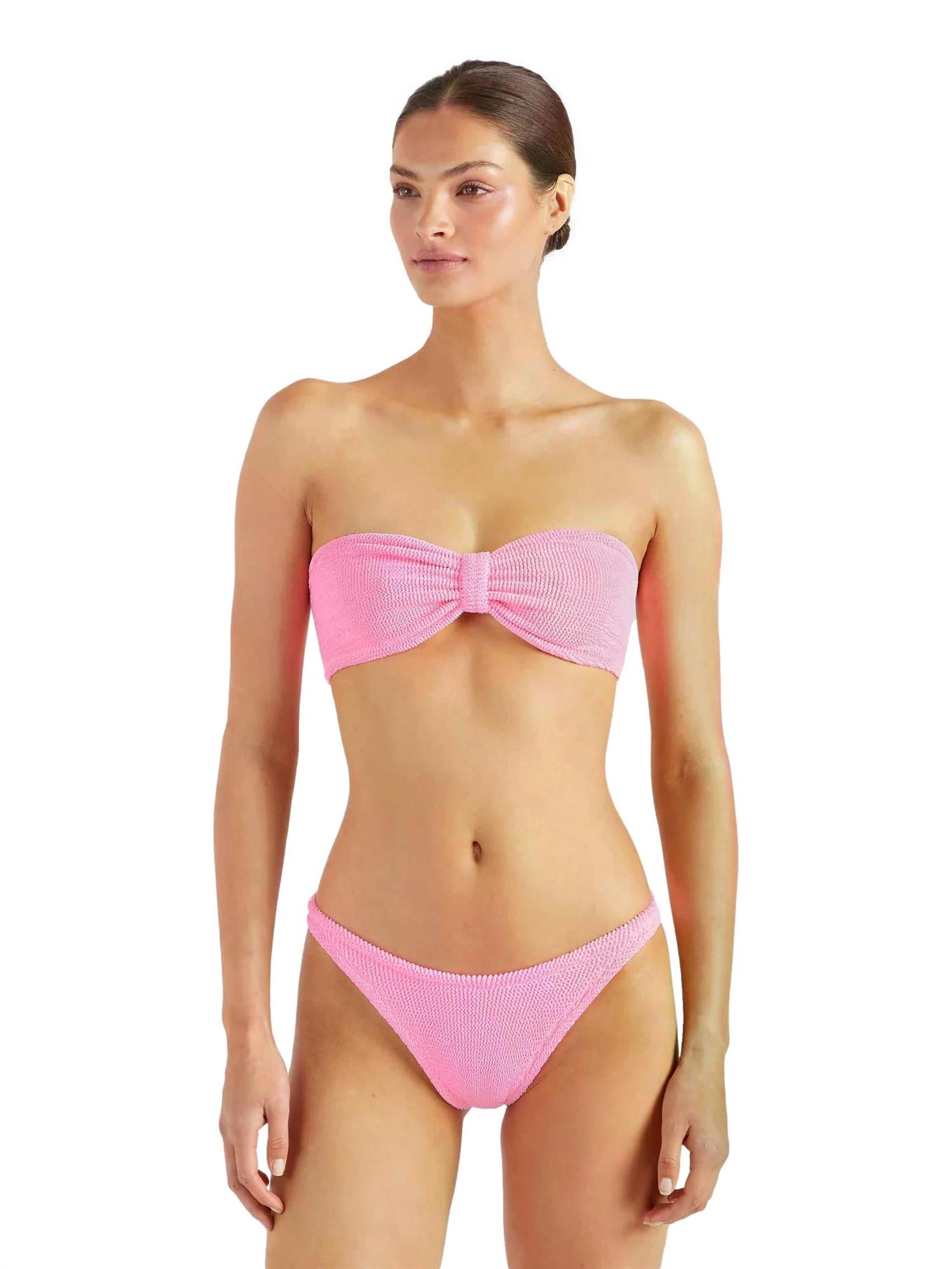 Hunza G rosa jean bikini med bubblegum-farge, vises på bildet, med mykt stoff og klassisk bikini-design.