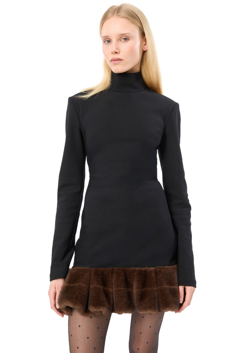 ROTATE LS Faux Fur Trim Dress Kjole Sort