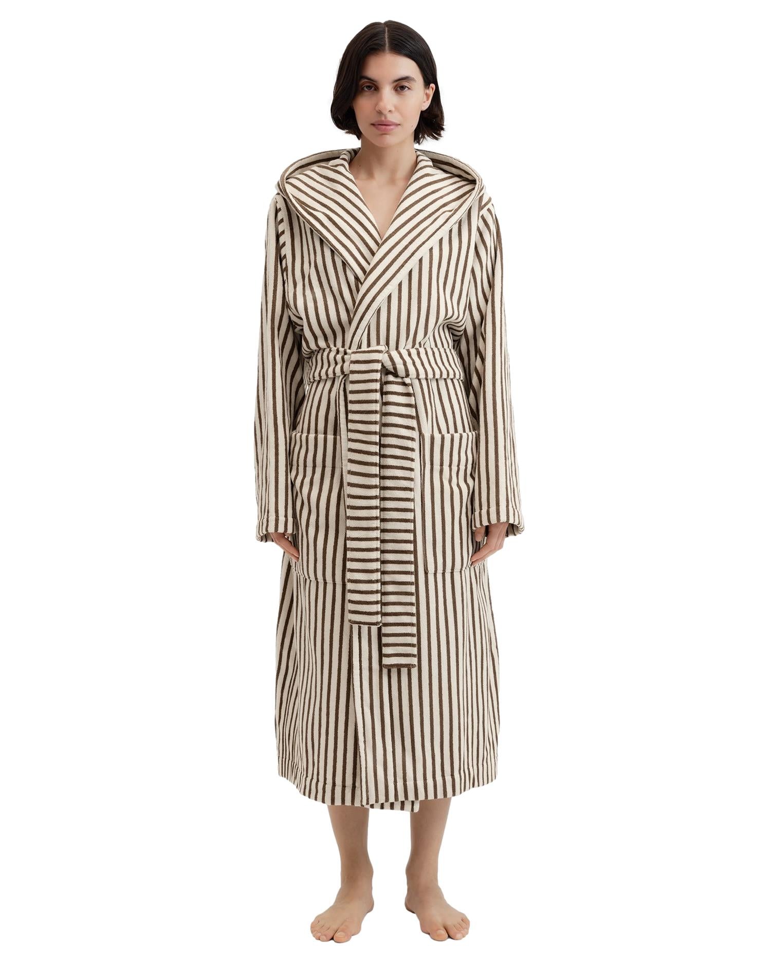 Tekla Hooded Bathrobe Kodiak Stripes Undertøy Morgenkåpe Hvit Og Brun