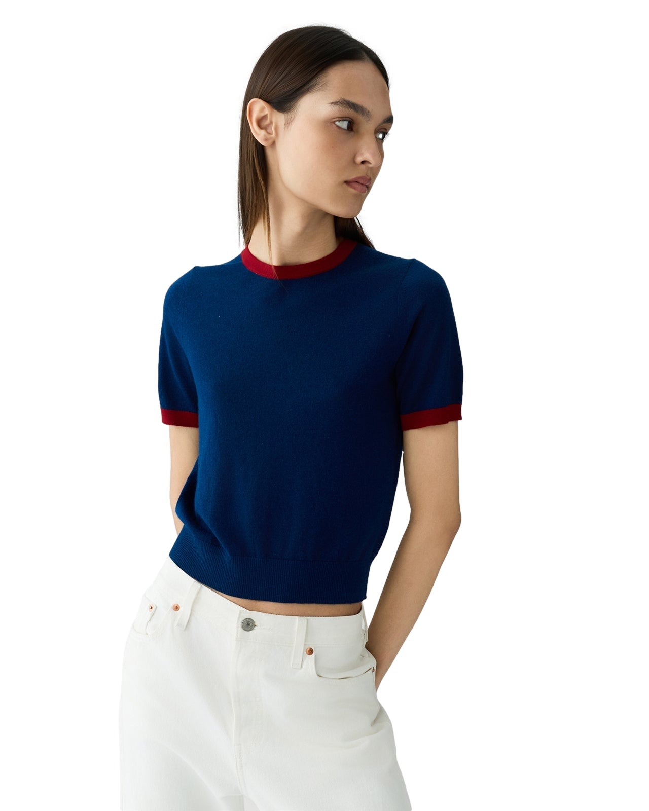 Mørkeblå Guest In Residence Airy Ringer Tee topp, bomulls t-skjorte med ringerunding hals og kort erme, casual stil.