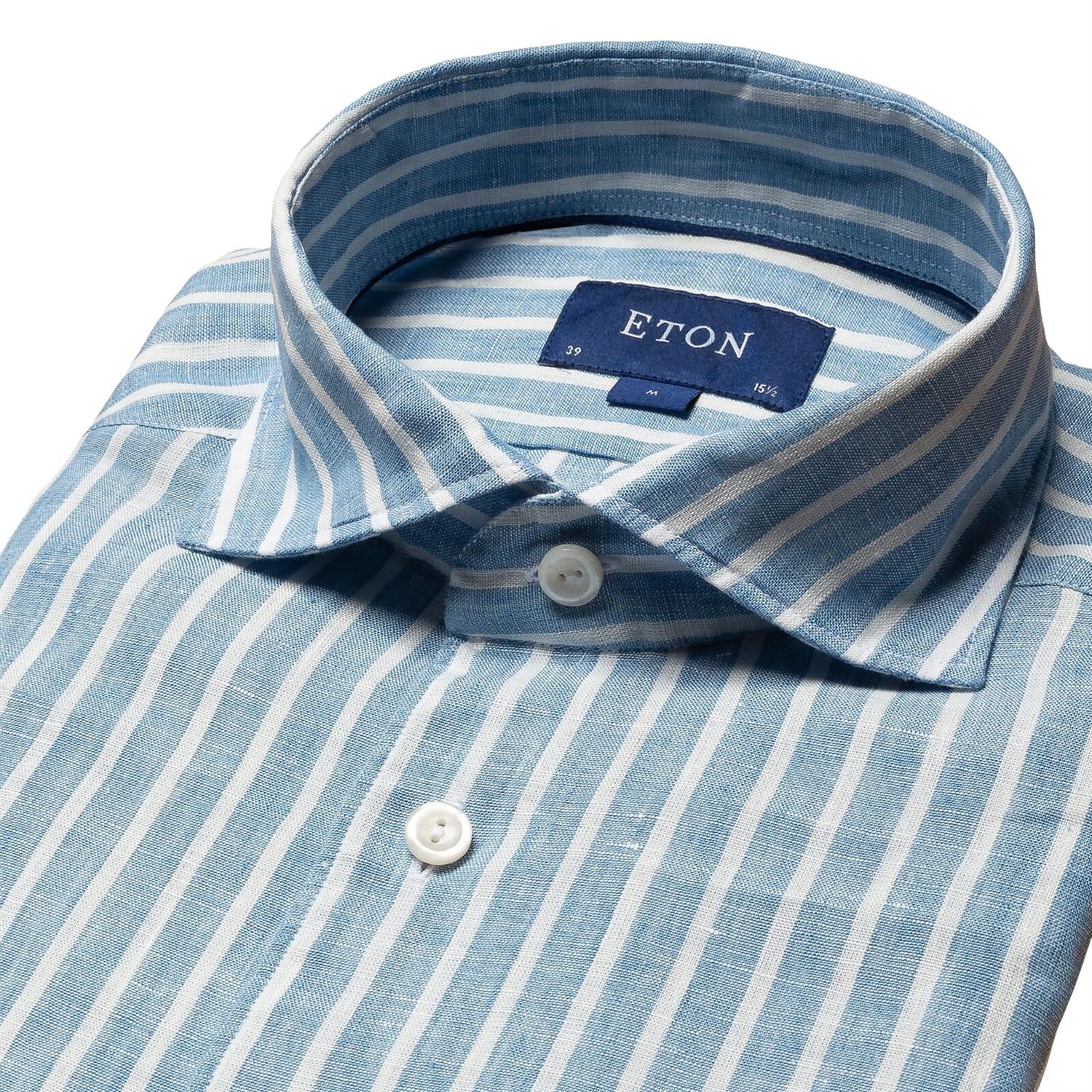 Eton Mid Blue Striped Linen Shirt Skjorte Stripet Mørkeblå - modostore.no