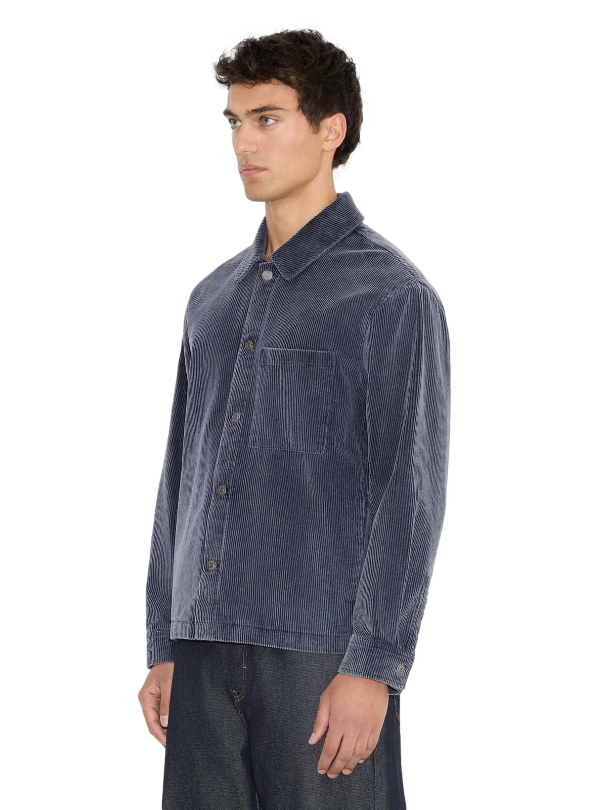 Holzweiler Leaf Relaxd Cord overshirt i gråblå med bladmønster og komfortabel passform, vist i et bilde.