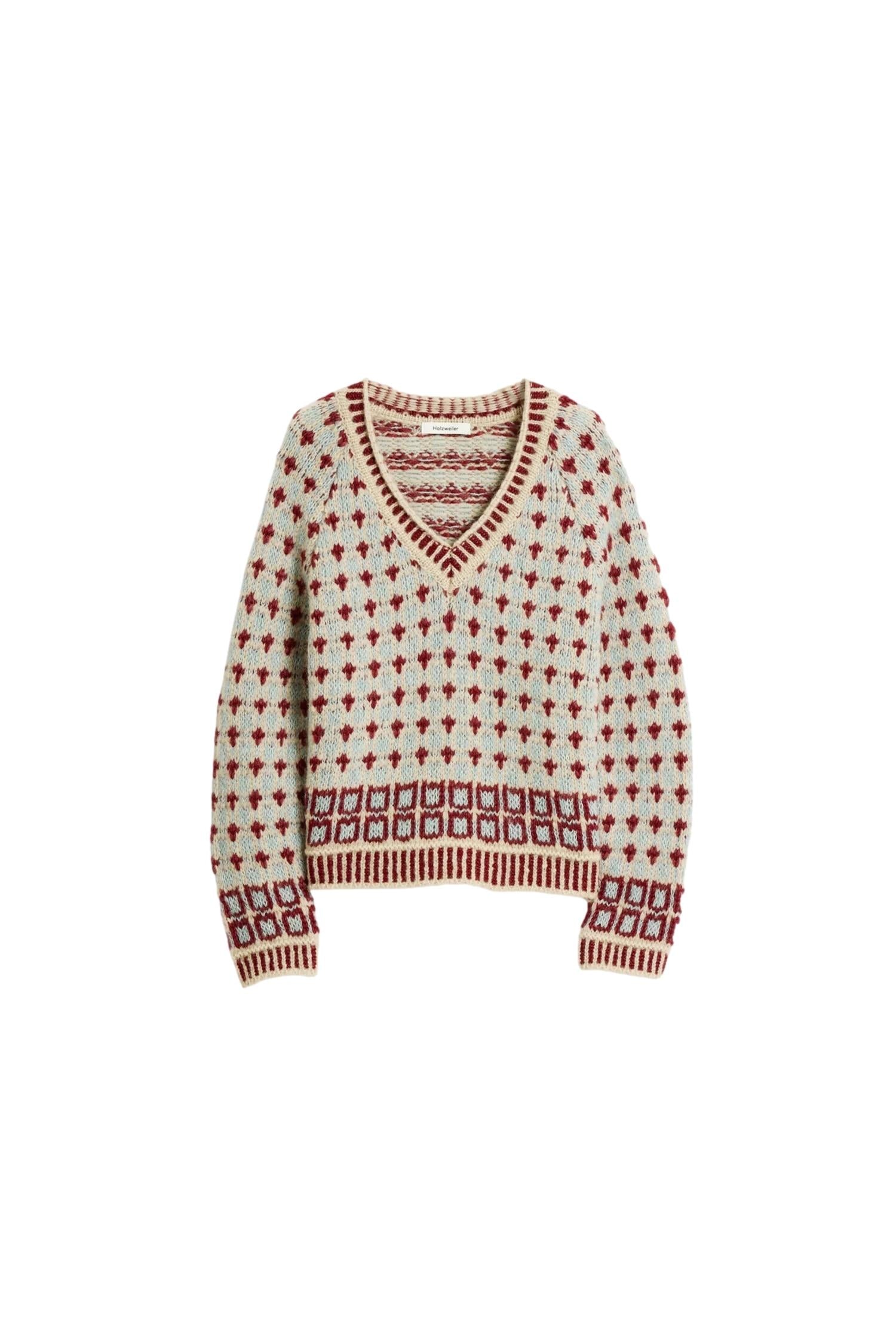 Holzweiler Norwegian Wool V-Neck Genser Rødt Mønster