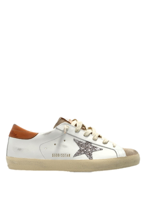 Golden Goose Super Star Leather Upper And Heel Suede Toe Glitter Star Sko Hvit Og Oransje