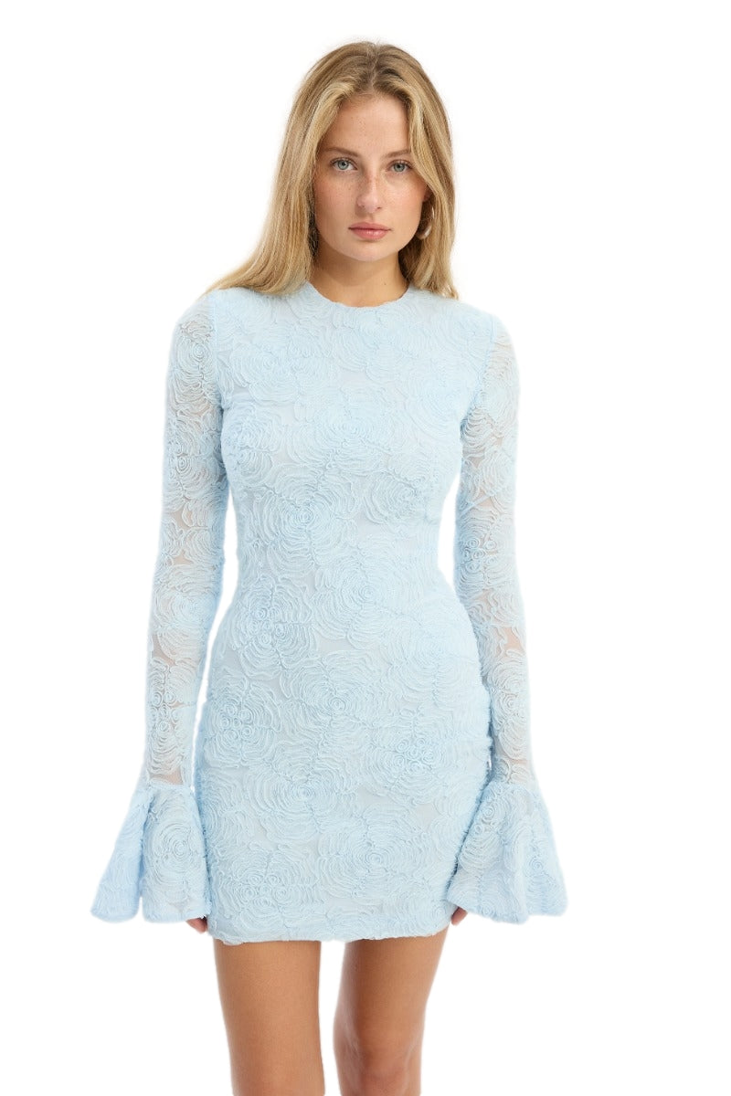 ROTATE Mesh Frill Mini Dress Kjole Lyseblå - modostore.no