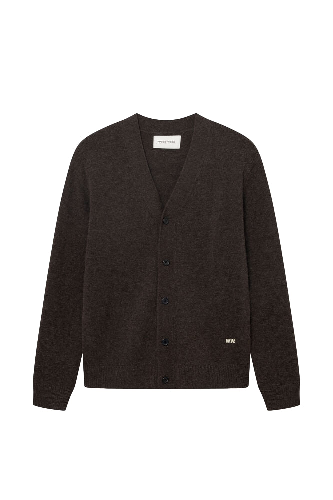 Brun Wood Wood WW Logo cardigan med knappelukking og ribbede detaljer, laget av mykt materiale.