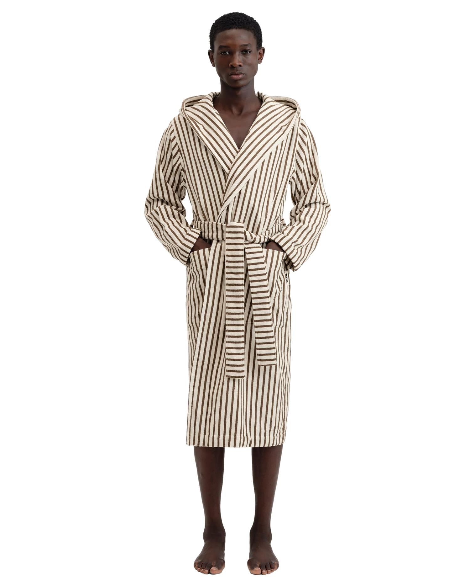 Tekla Hooded Bathrobe Kodiak Stripes Undertøy Morgenkåpe Hvit Og Brun