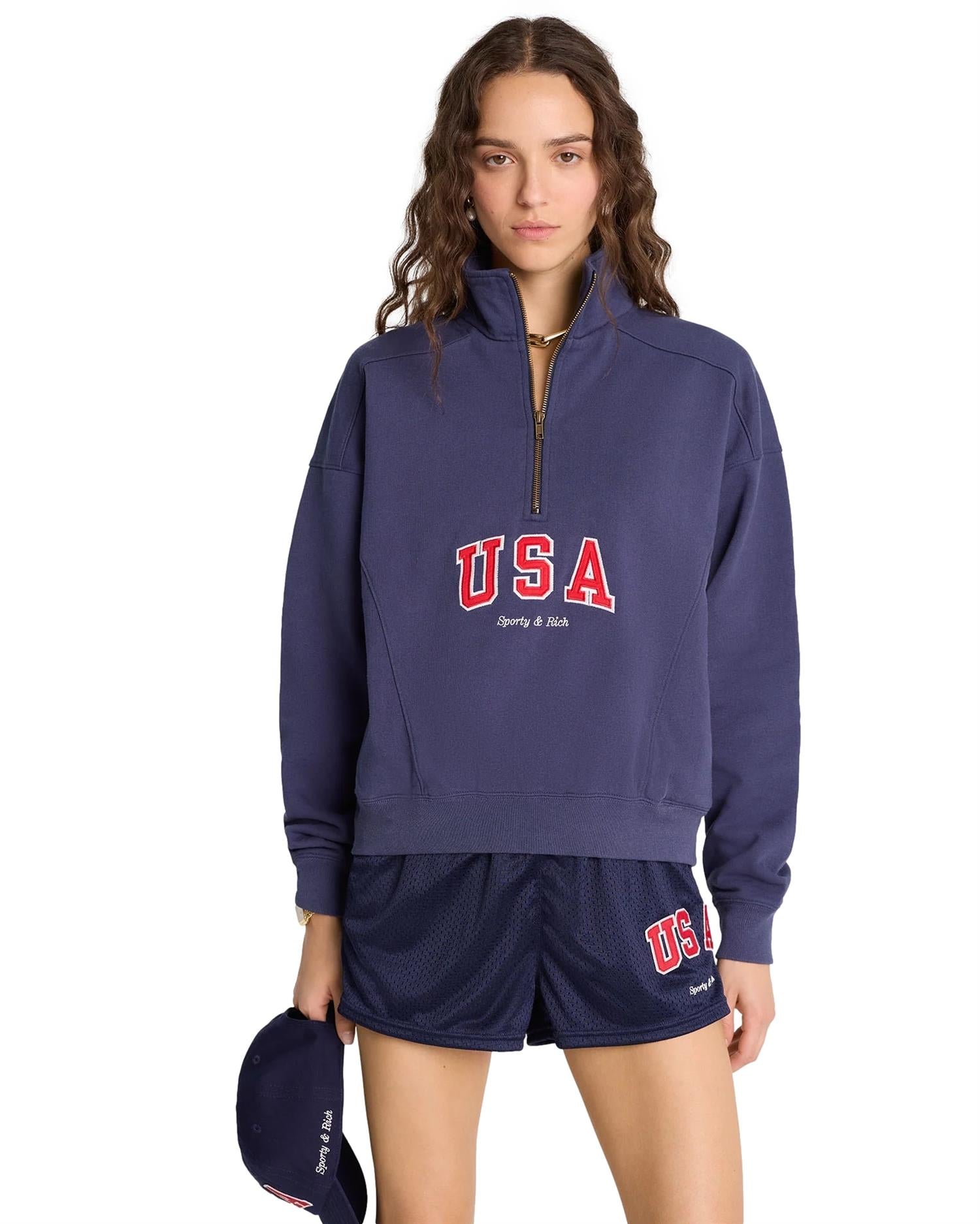 Sporty & Rich USA Quarter Zip Genser Navy - modostore.no