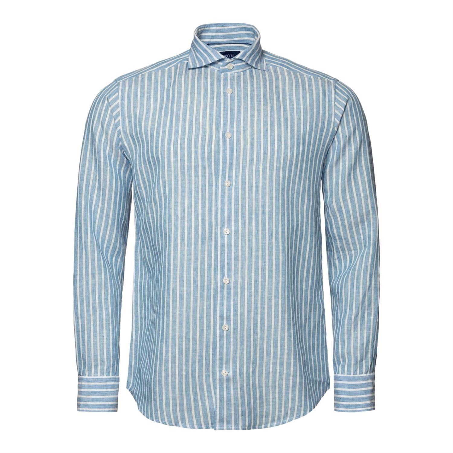 Eton Mid Blue Striped Linen Shirt Skjorte Stripet Mørkeblå - modostore.no