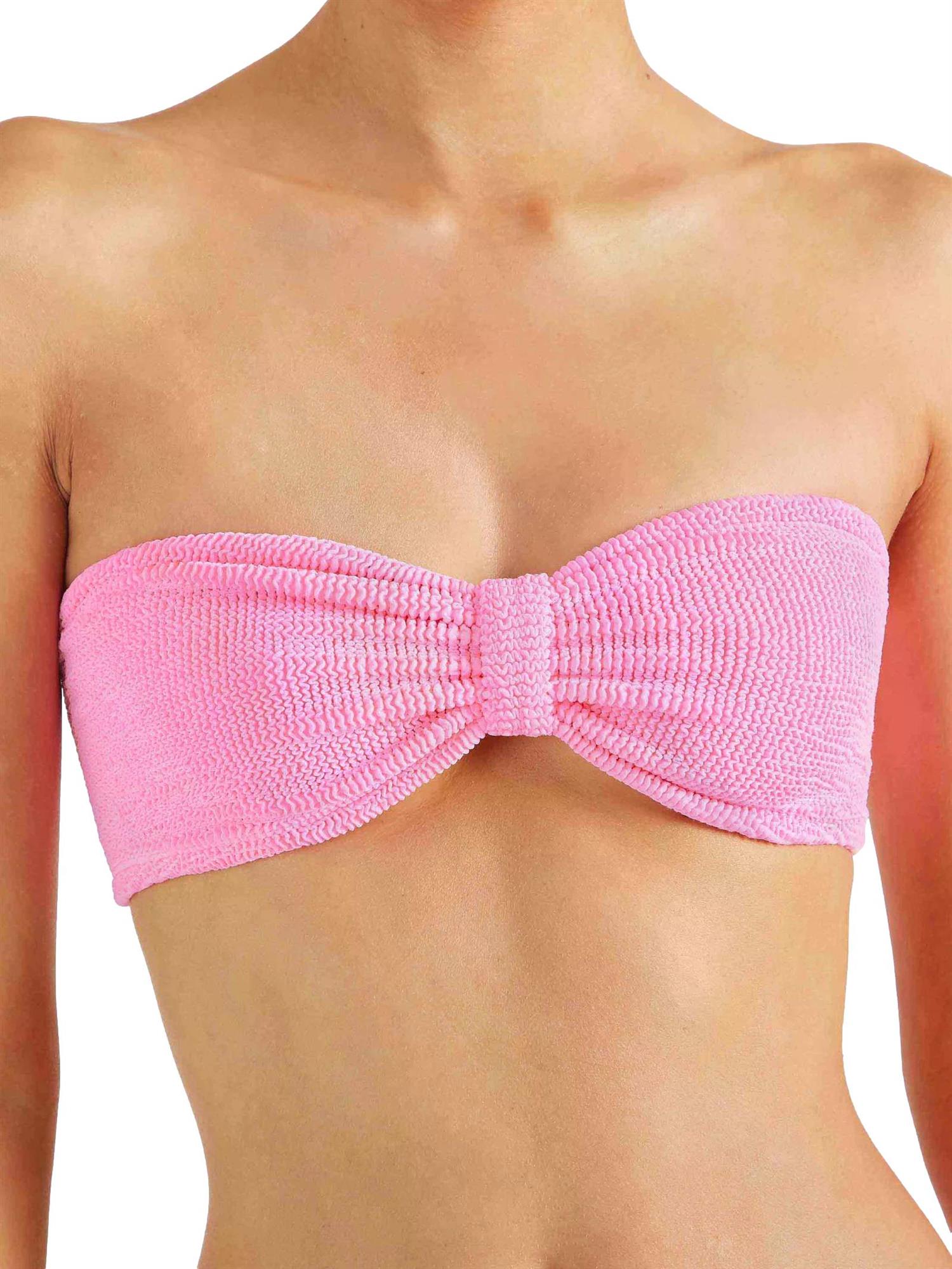 Hunza G rosa jean bikini med bubblegum-farge, treslittet og tettsittende, perfekt for sol og strand.