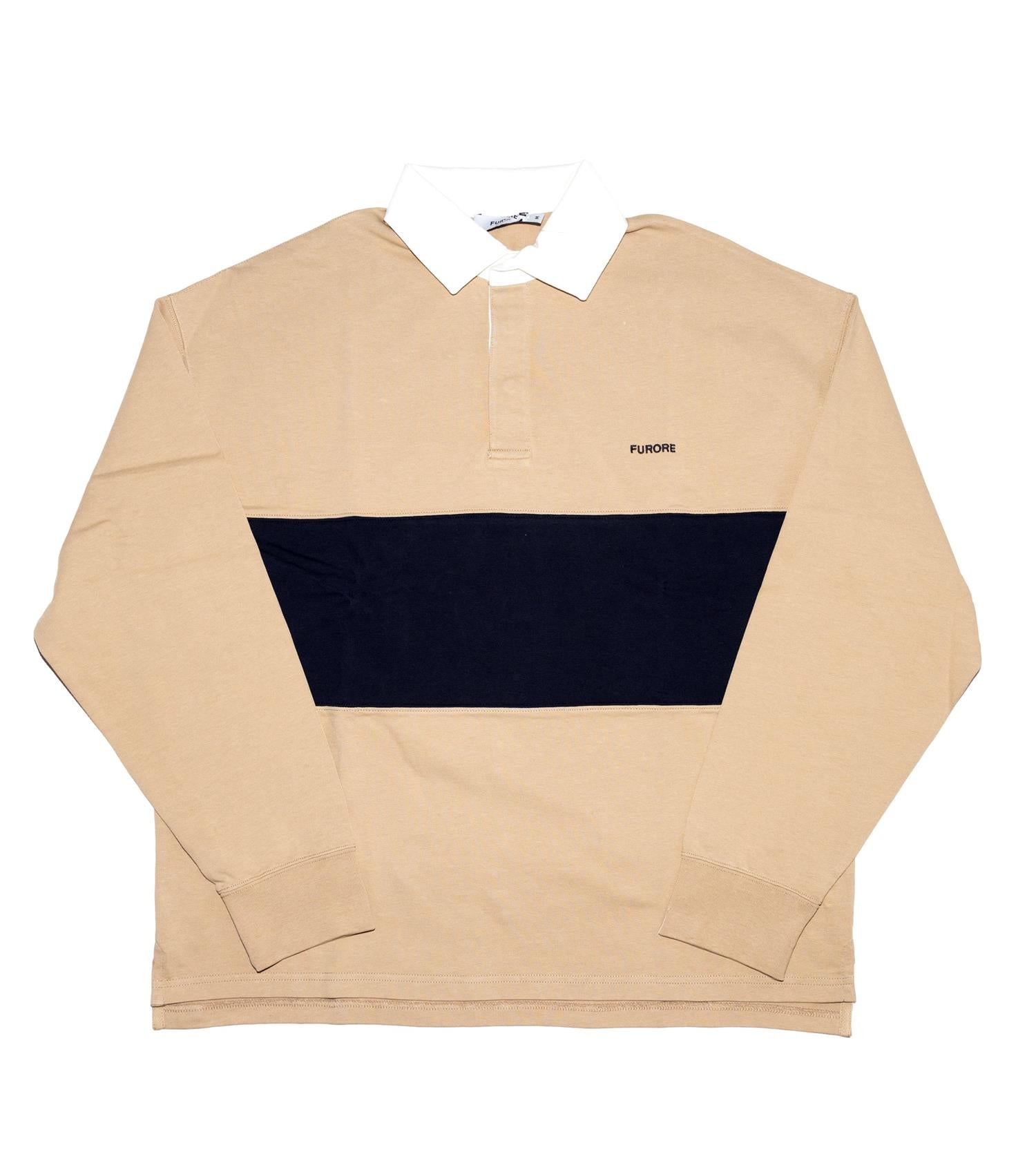 Furore William rugby-genser i beige og blå, vises med rund hals og lange ermer, myk tekstur, på modell.