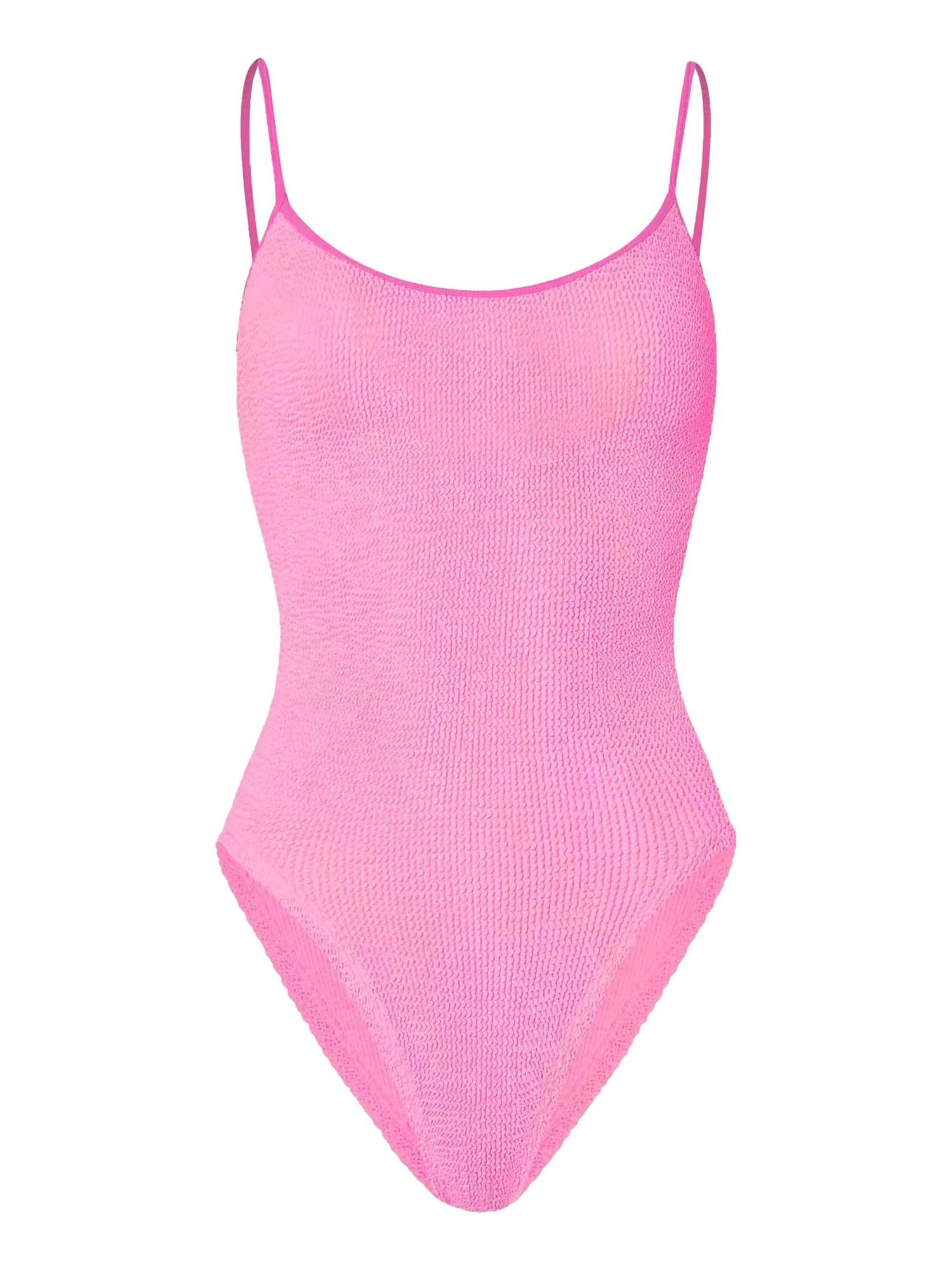 Hunza G Pamela badedrakt i rosa med bubblegumfarge, stretchy og komfortabel badedrakt for svømming og strandbruk.