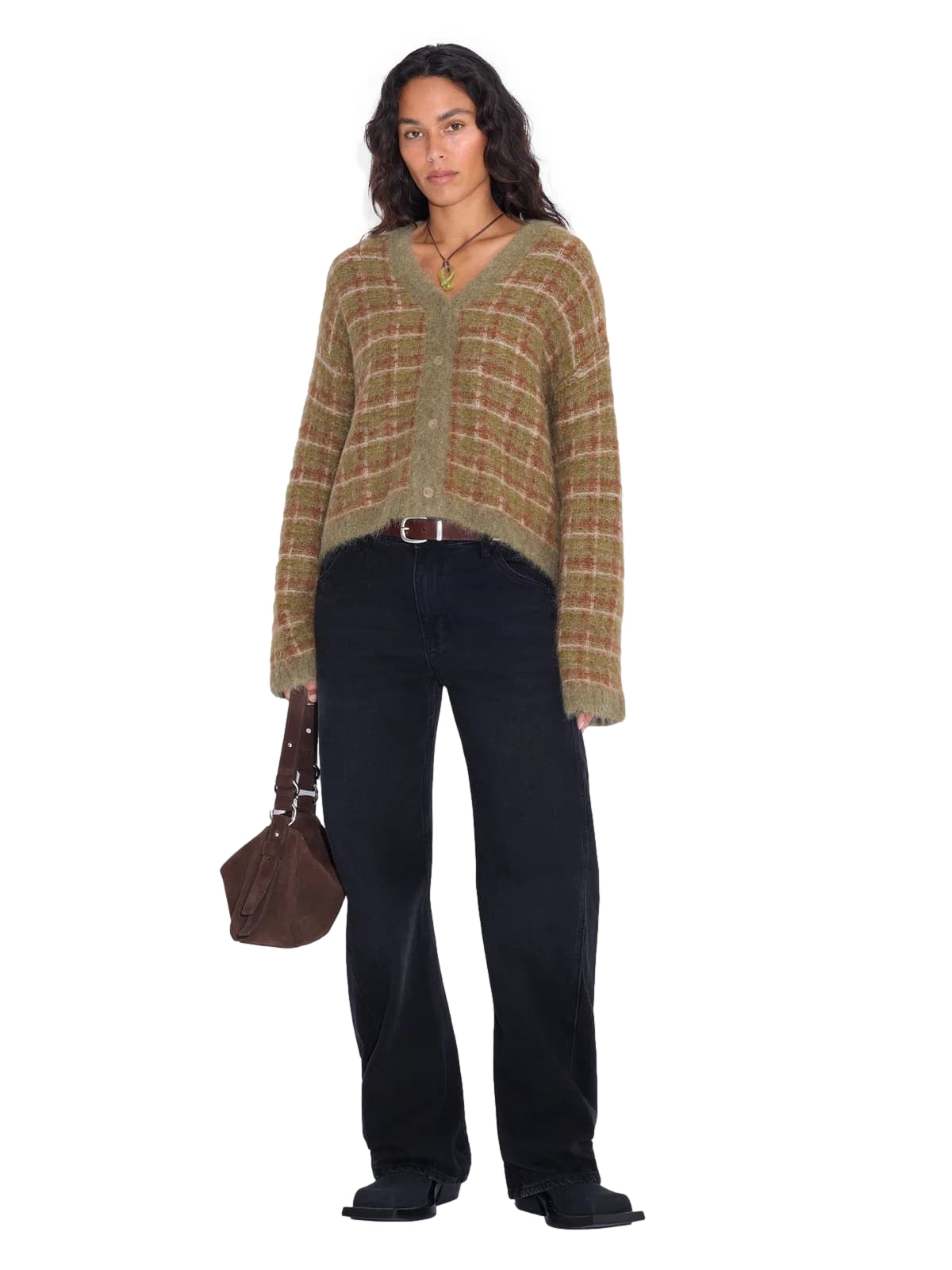 Holzweiler Kate Check cardigan i grønt med mønster, langermet og komfortabel, vist på modell.
