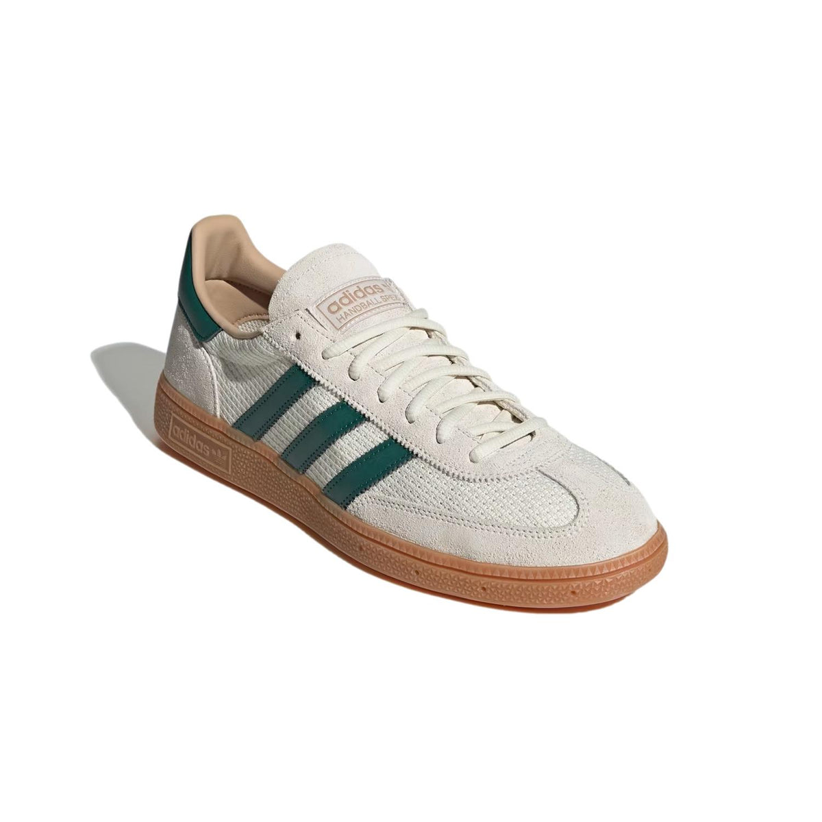 Adidas Handball Spezial IH6592 sko i beige og grønn, sportssko for håndball med komfortabel design og sporty utseende.