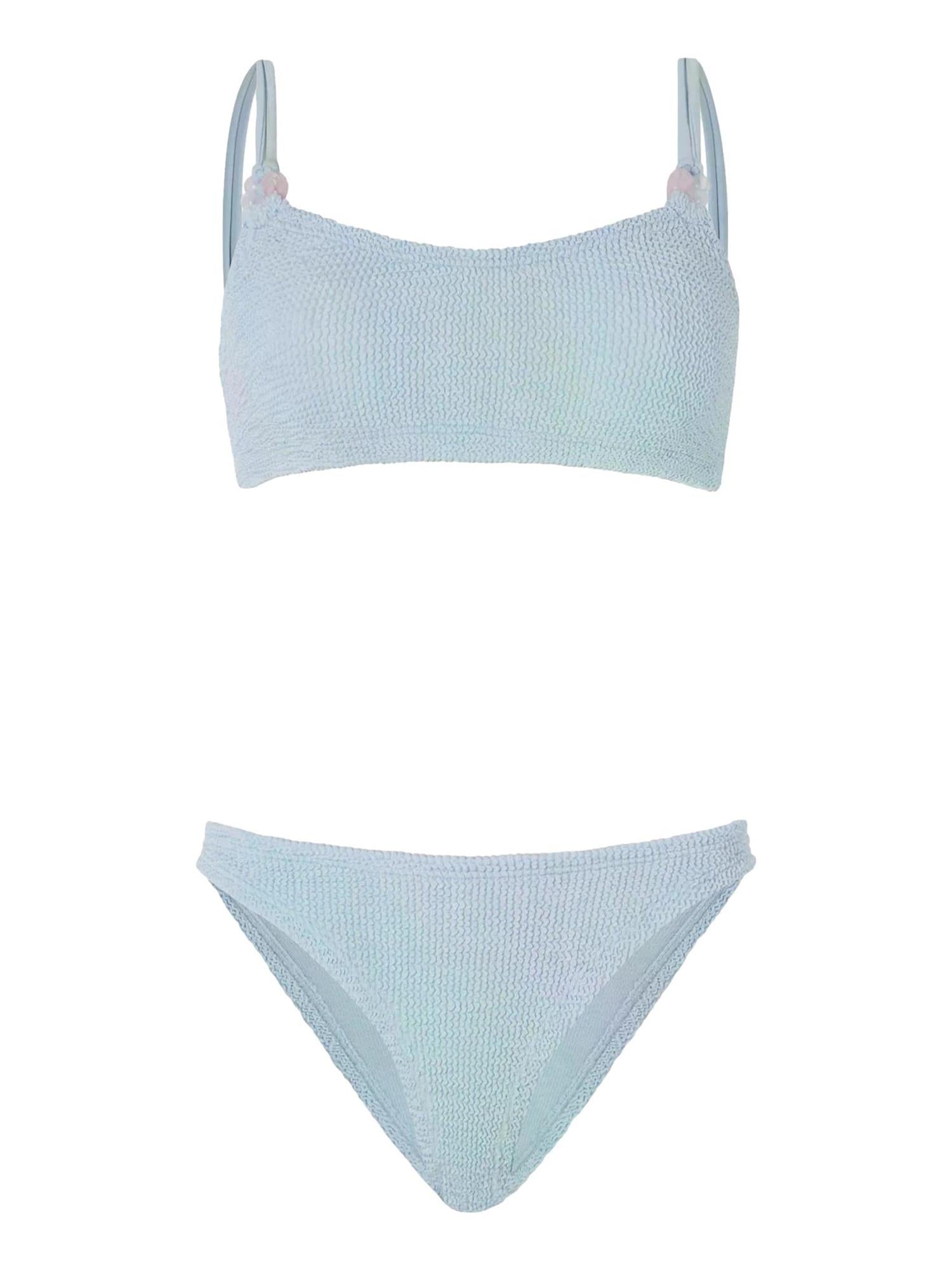 Hunza G Cassie beaded bikini i metallic isblå med lyseblå fargede detaljer, perfekt for sommerbading og strandbruk.