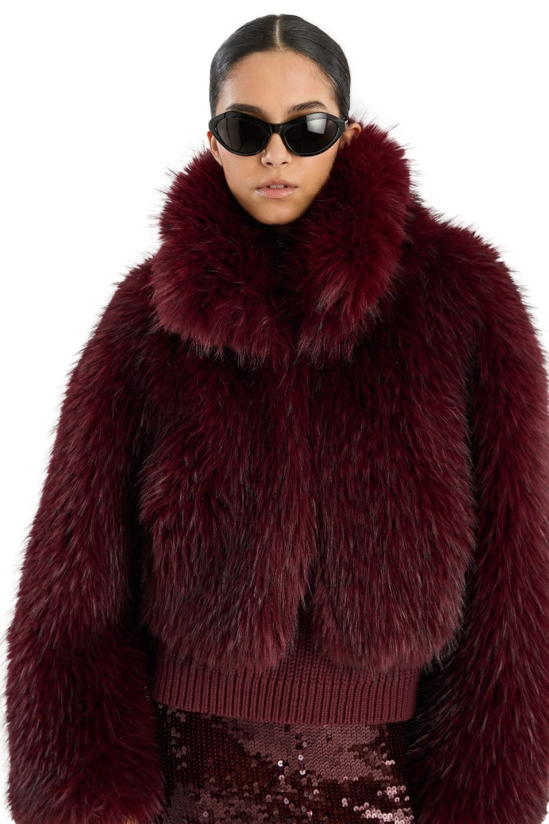 ROTATE Faux Fur Crop Jacket Jakke Burgunder