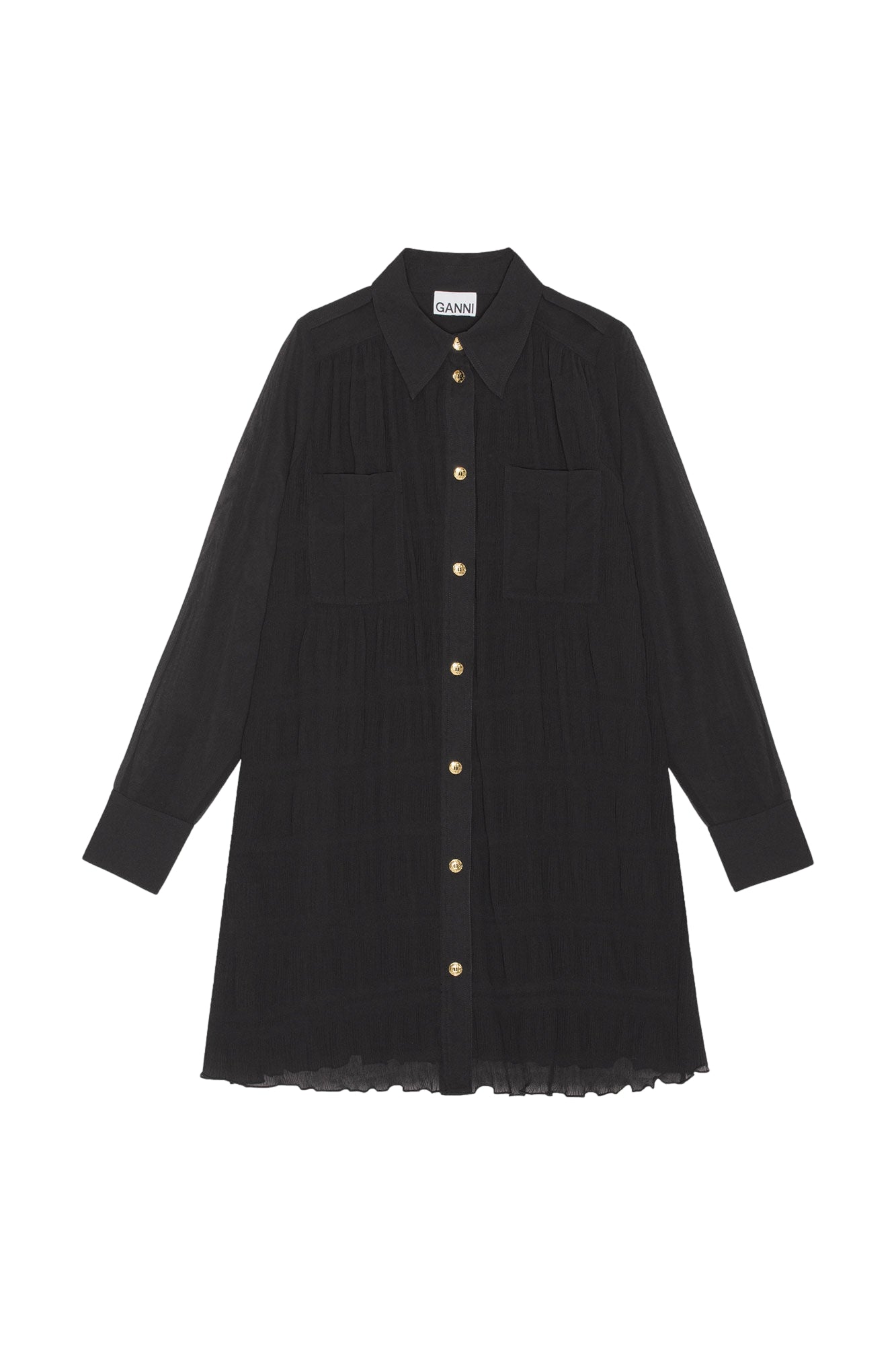 Ganni Pleated Georgette Shirt Dress Kjole Sort - modostore.no