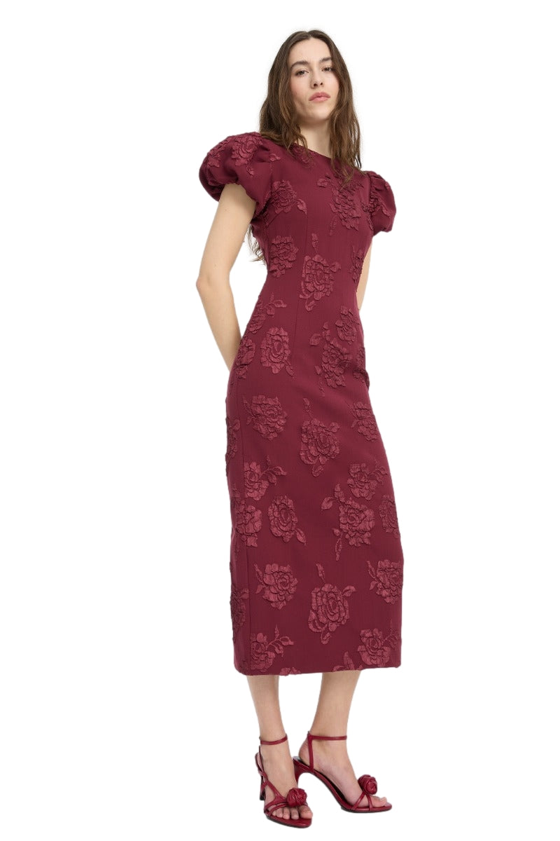 ROTATE Jacquard Midi Puffy Dress Kjole Burgunder