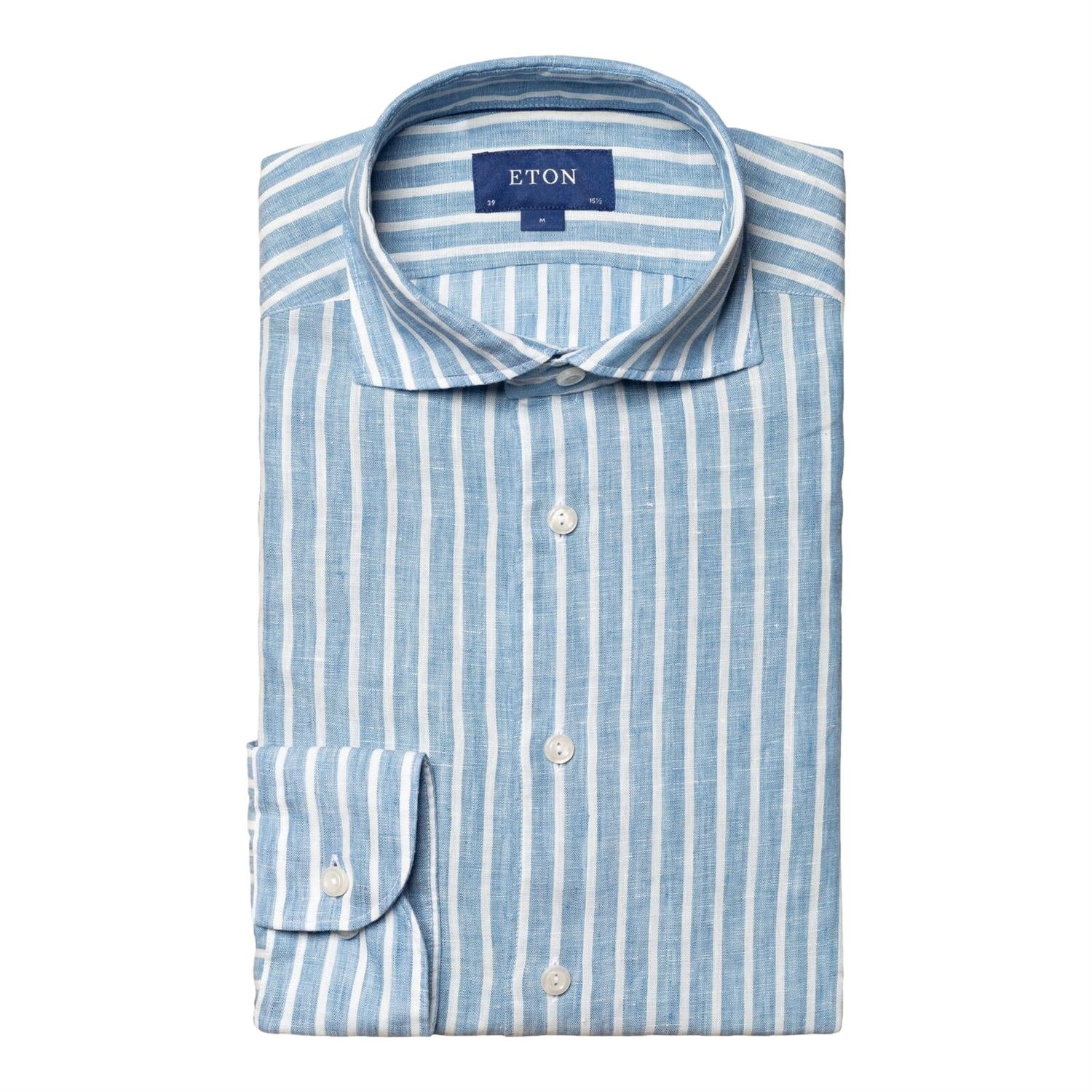 Eton Mid Blue Striped Linen Shirt Skjorte Stripet Mørkeblå - modostore.no