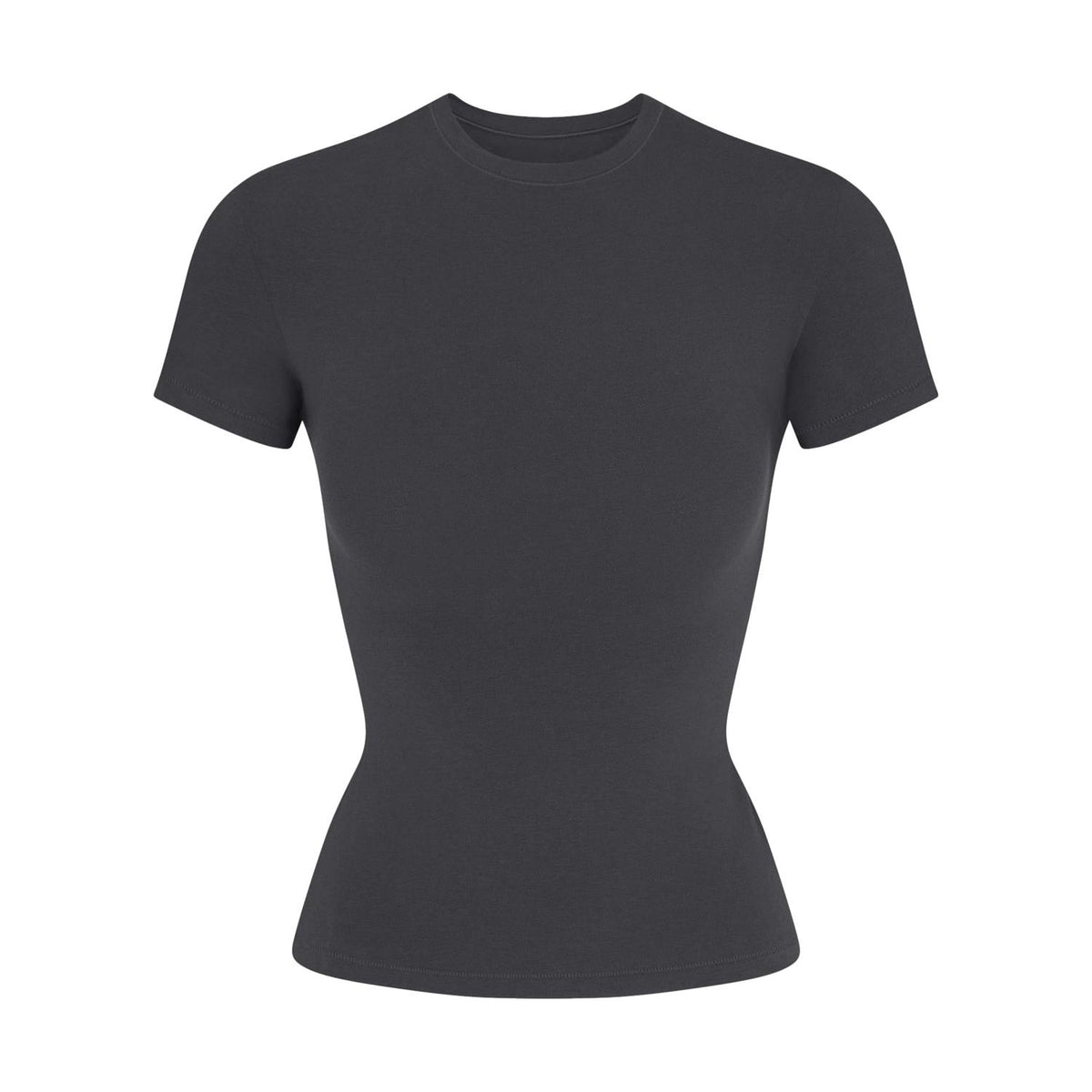 Mørkegrå SKIMS bomullsjersey T-skjorte med rund hals, vist på modell, komfortabel og myk i materiale.