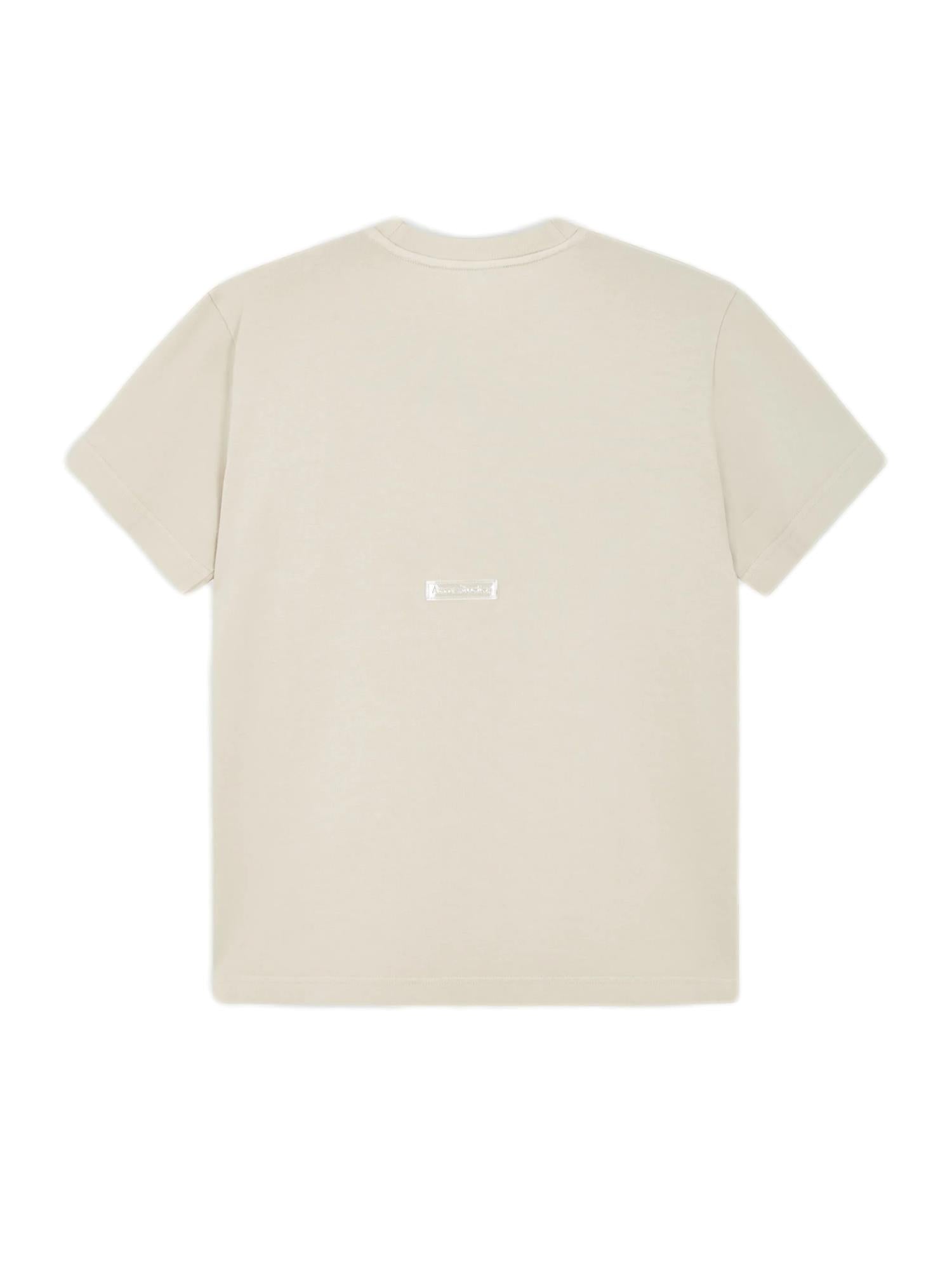 Beige Acne bomullscrewneck t-skjorte, nærbilde av mykt stoff og enkel design, for avslappet og stilfullt antrekk.
