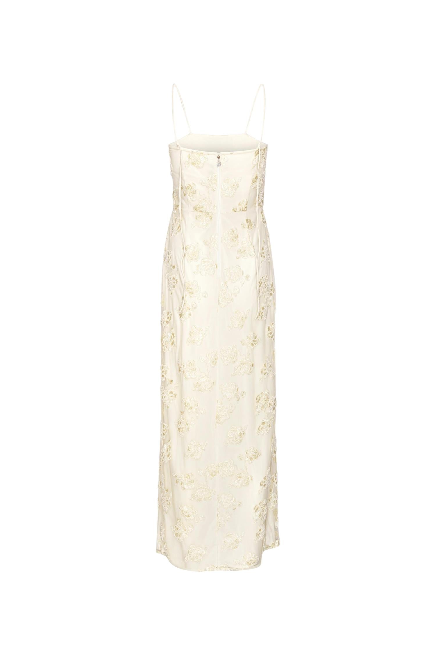 Off-White ROTATE bryllupskjole med perlebesatt maxi-splitt, elegant og lang kjole for spesielle anledninger.