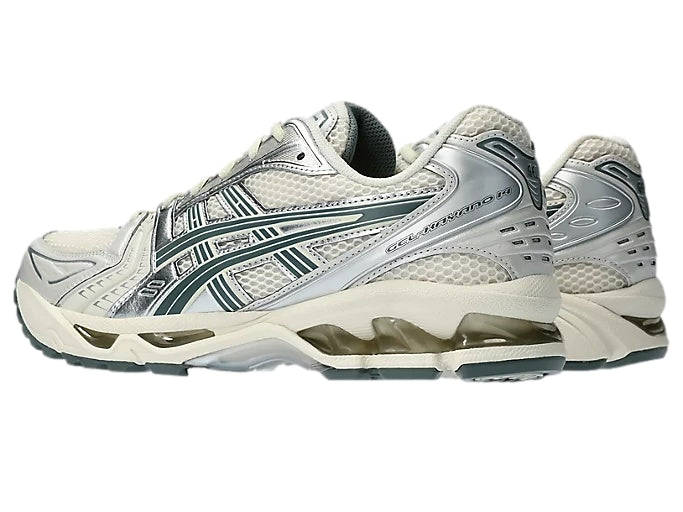 Asics GEL-KAYANO 14 joggesko i grønn med Birch og Dark Pewter farger, vist fra siden.
