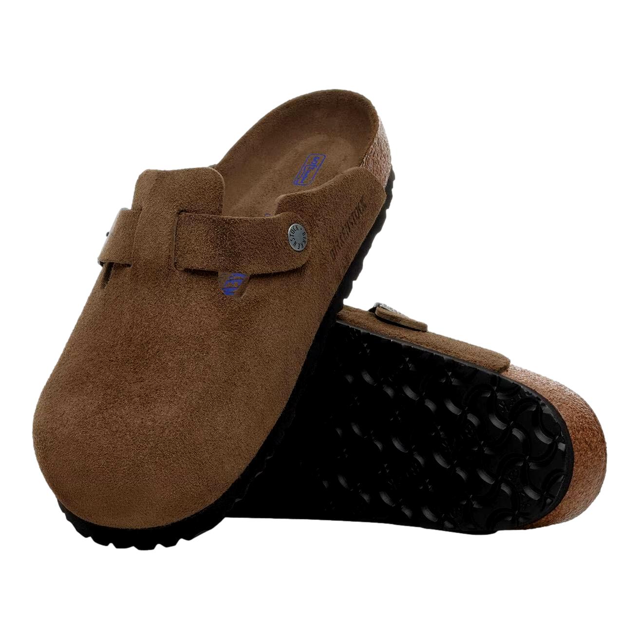 Birkenstock Boston SFB sko i smal modell i mørk te med semsket lær, lysebrun farge og tonale detaljer, vises i bildet.