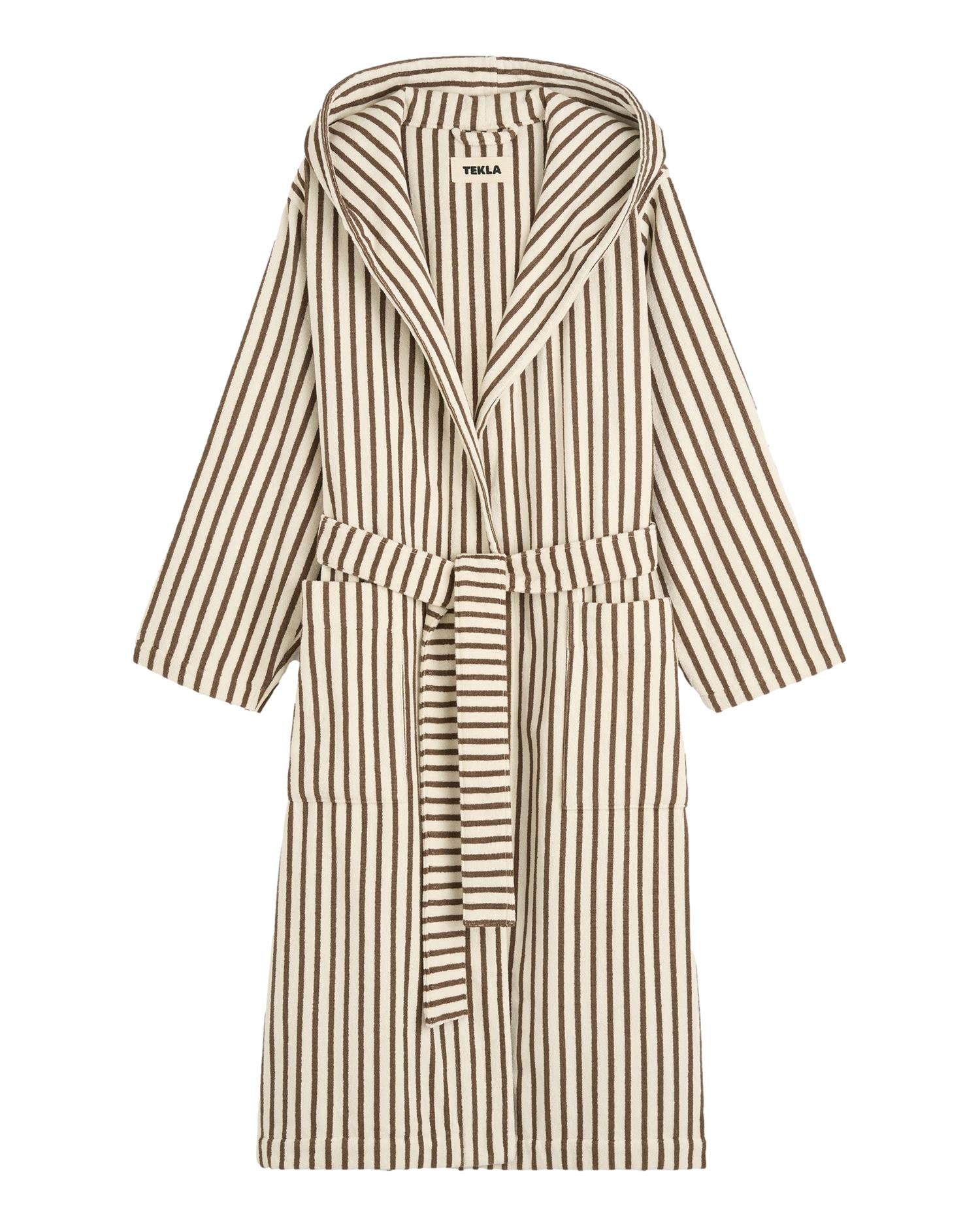 Tekla Hooded Bathrobe Kodiak Stripes Undertøy Morgenkåpe Hvit Og Brun