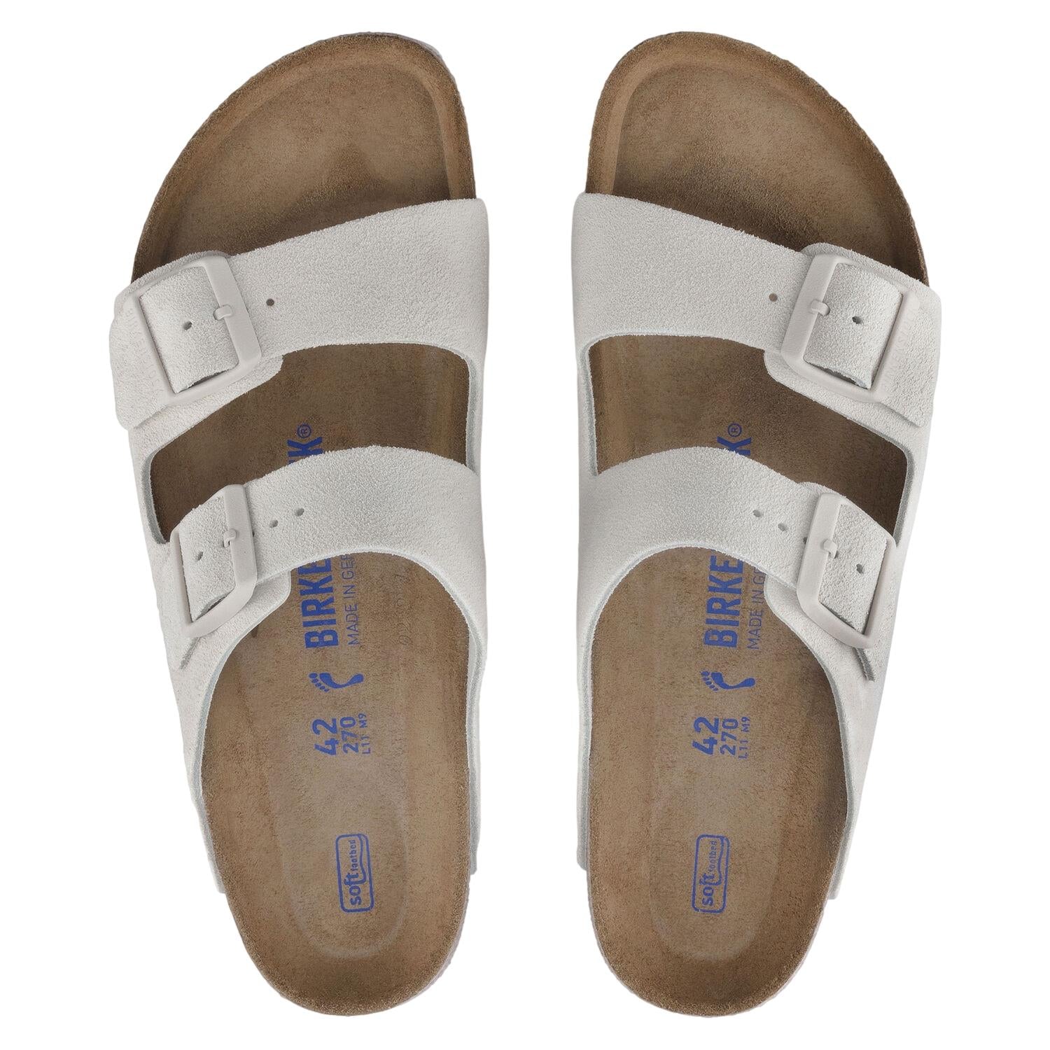 Birkenstock Arizona sko i semsket lær, smal passform, antikk hvit farge, komfortable sandaler for kvinner