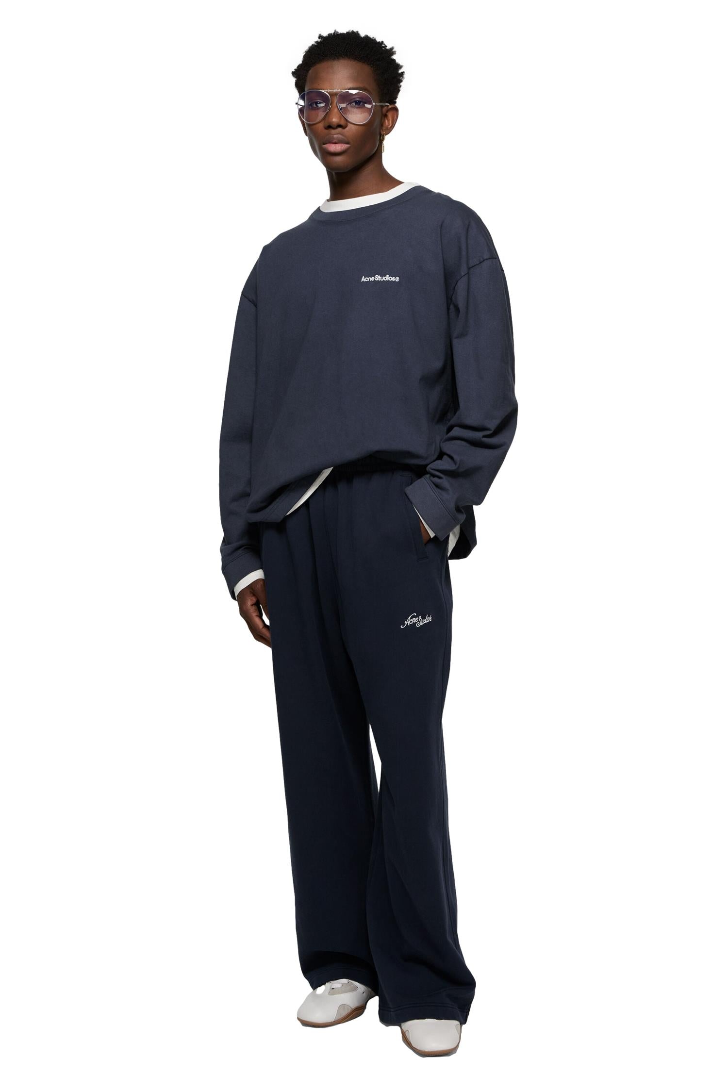 Acne Layered Sweatshirt With Logo Crewneck Mørkeblå