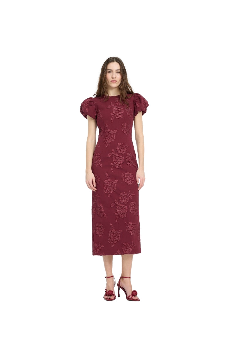 ROTATE Jacquard Midi Puffy Dress Kjole Burgunder