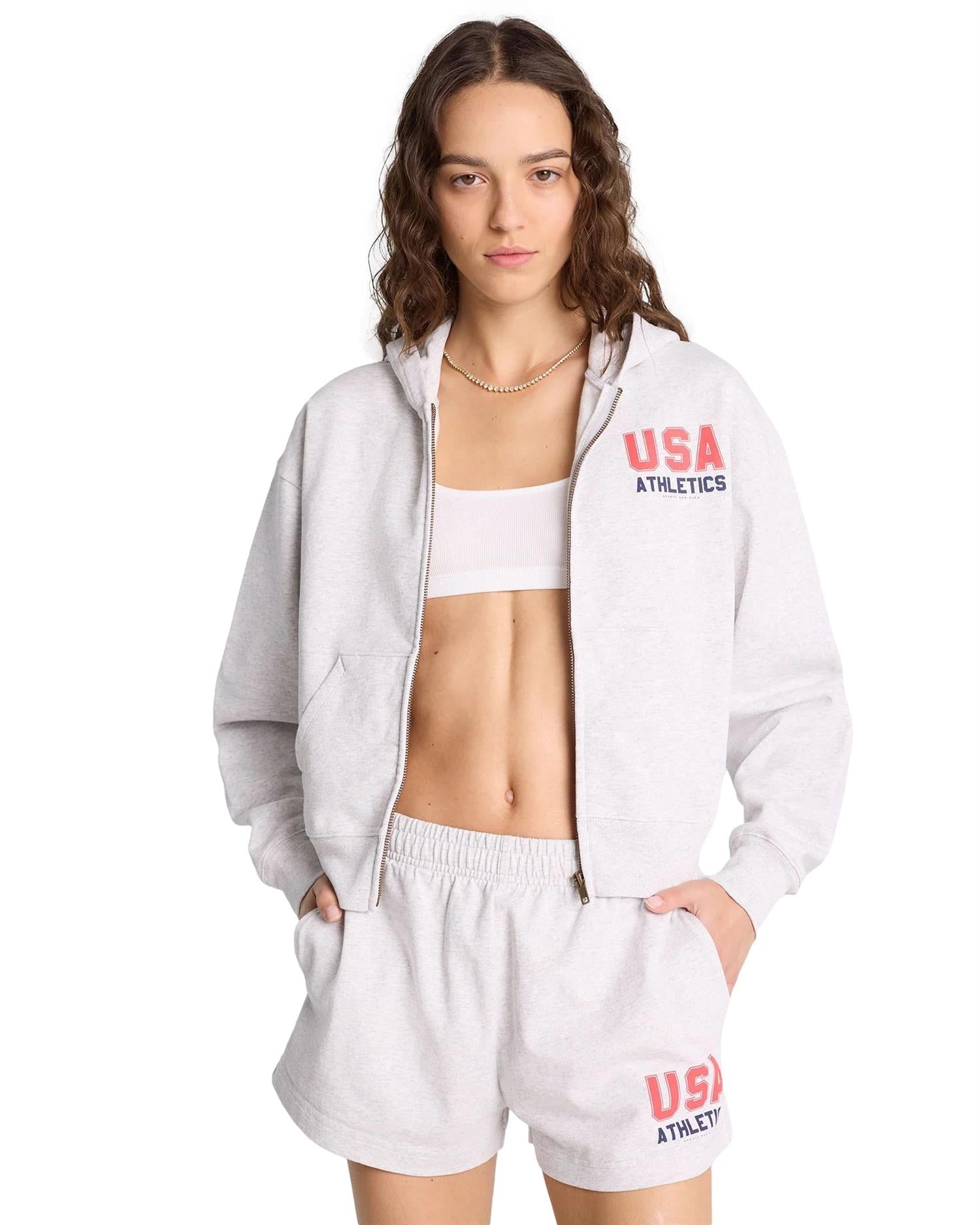 Sporty & Rich USA Athletics Cropped Zip Hoodie Genser Grå - modostore.no