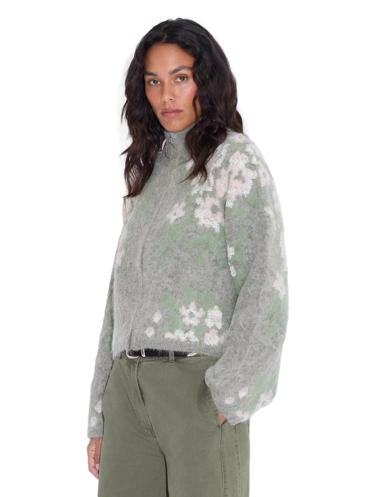 Holzweiler Tine floral cardigan i grå med blomsterprint, myk og komfortabel strikkegenser for kvinner