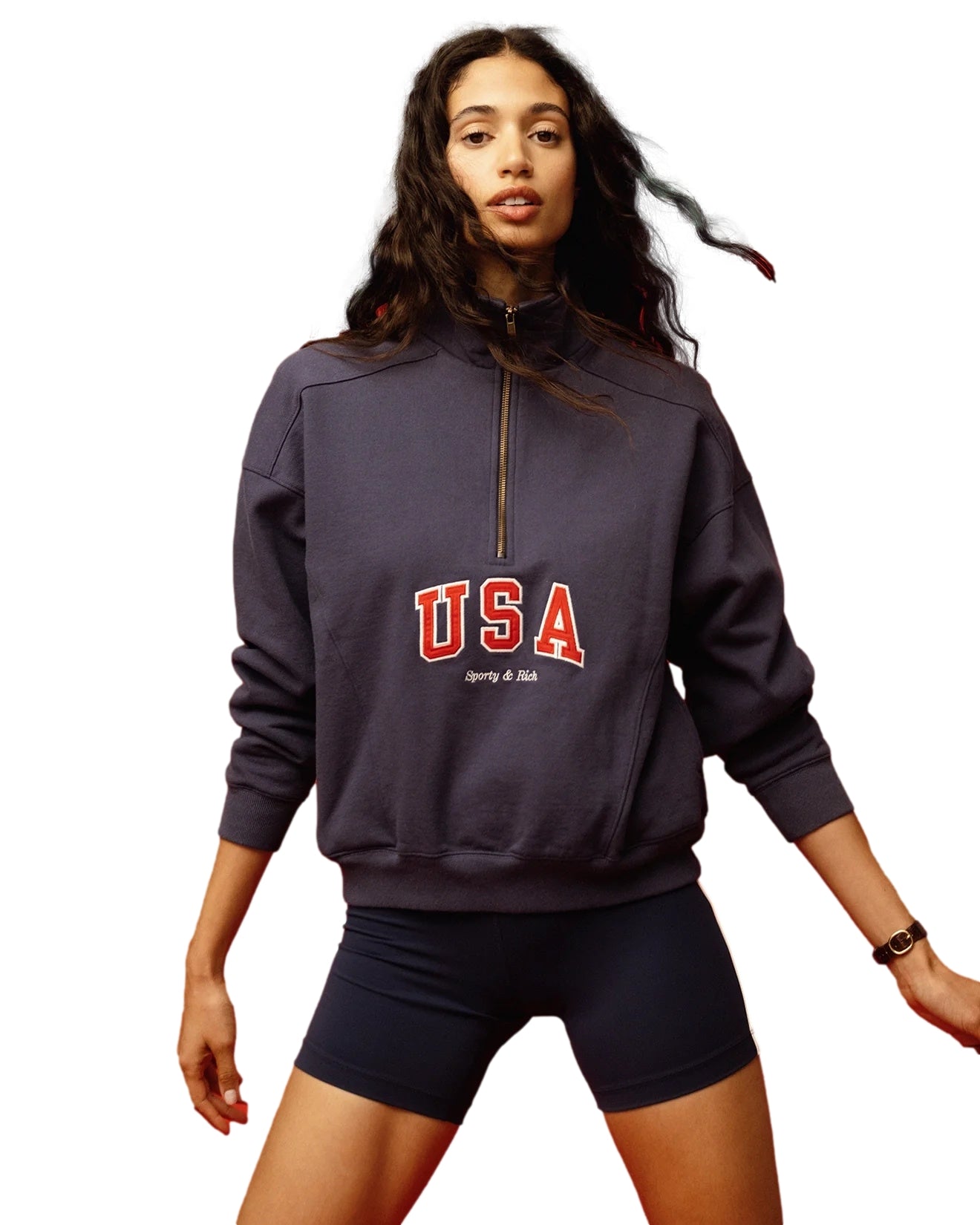 Sporty & Rich USA Quarter Zip Genser Navy - modostore.no