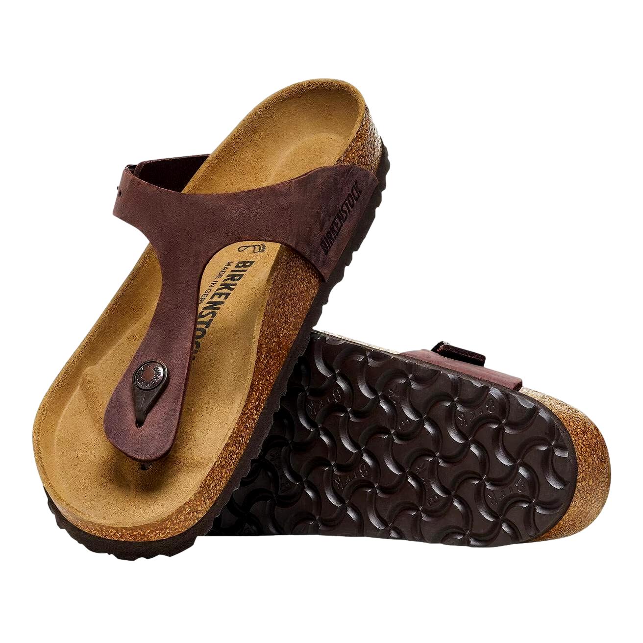 Mørkebrun Birkenstock Gizeh BS Narrow sandaler med justerbar stropp og komfortabel fotsåle, vist fra siden.