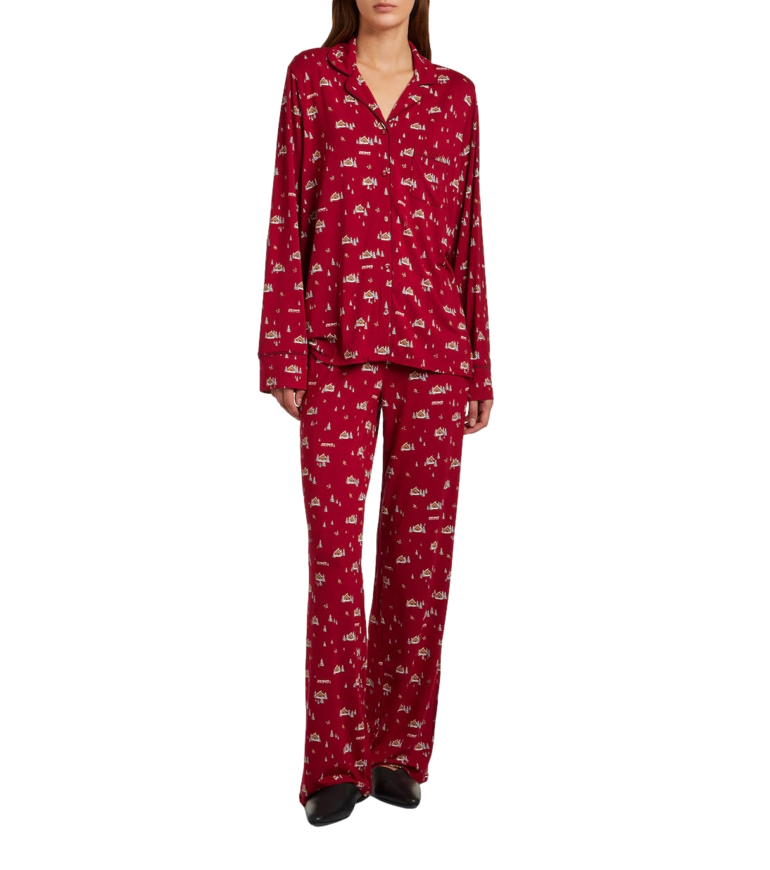 SKIMS Printed Skims Sleep Long Sleeve Button Up Set Brick Frosty Cabin Undertøy Rød