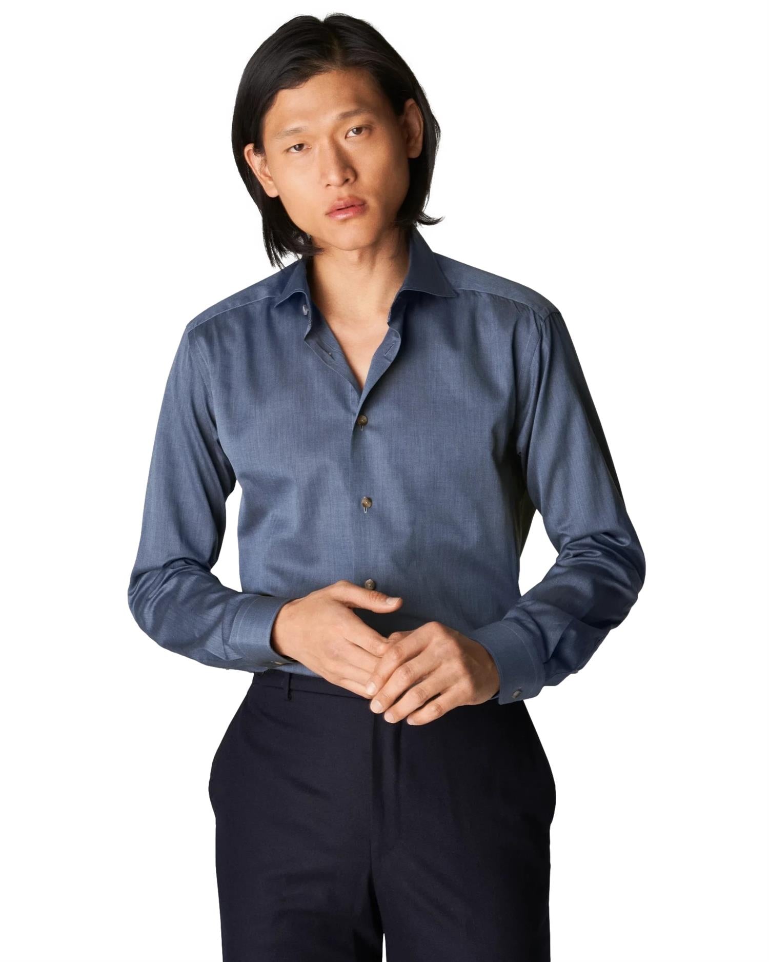 Eton Flanel Herringbone blue Skjorte Melert Blå